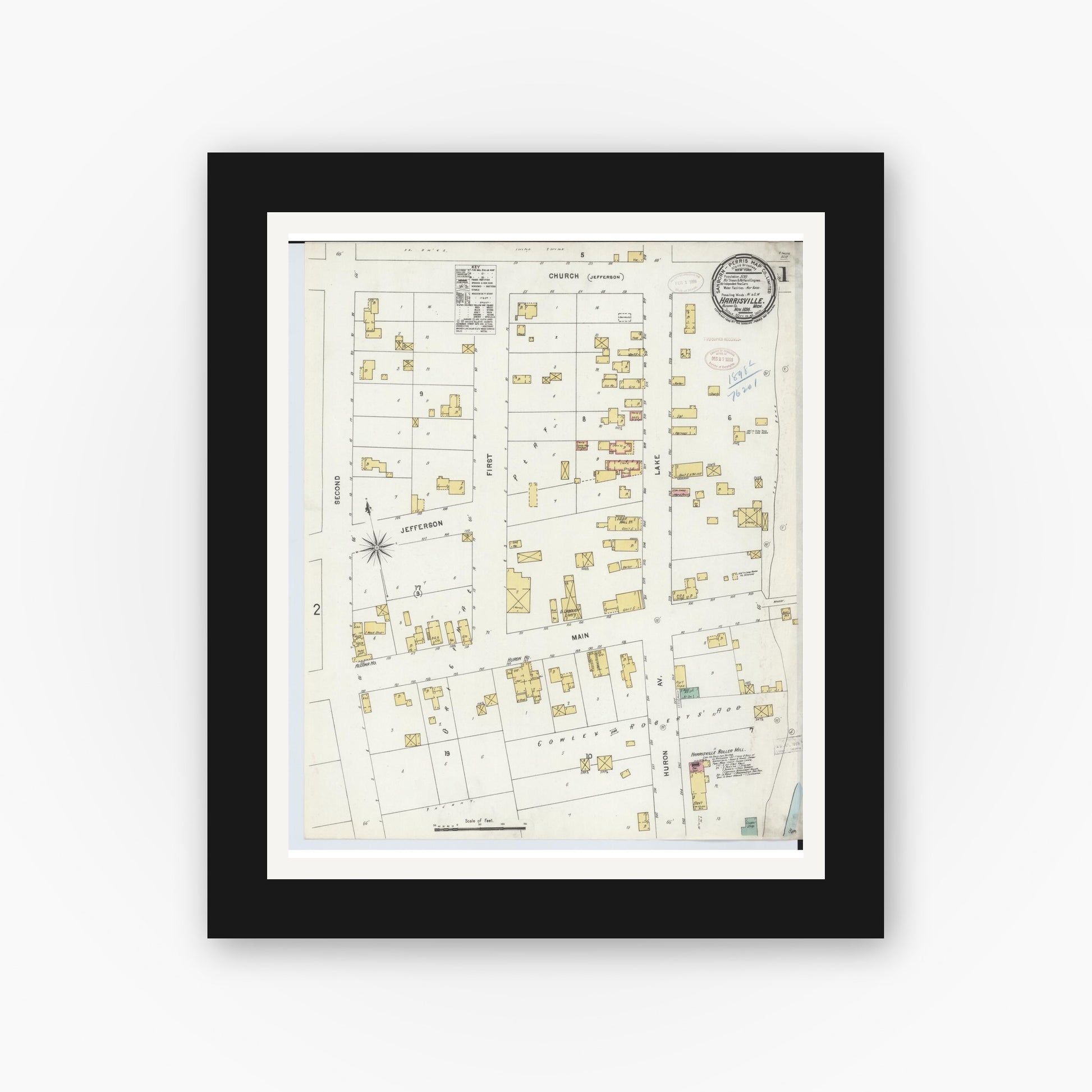 Old map wall art mockup — black gallery frame with white mat — Sanborn Fire Insurance Map from Harrisville, Alcona County, Michigan (1898), Sheet #0001