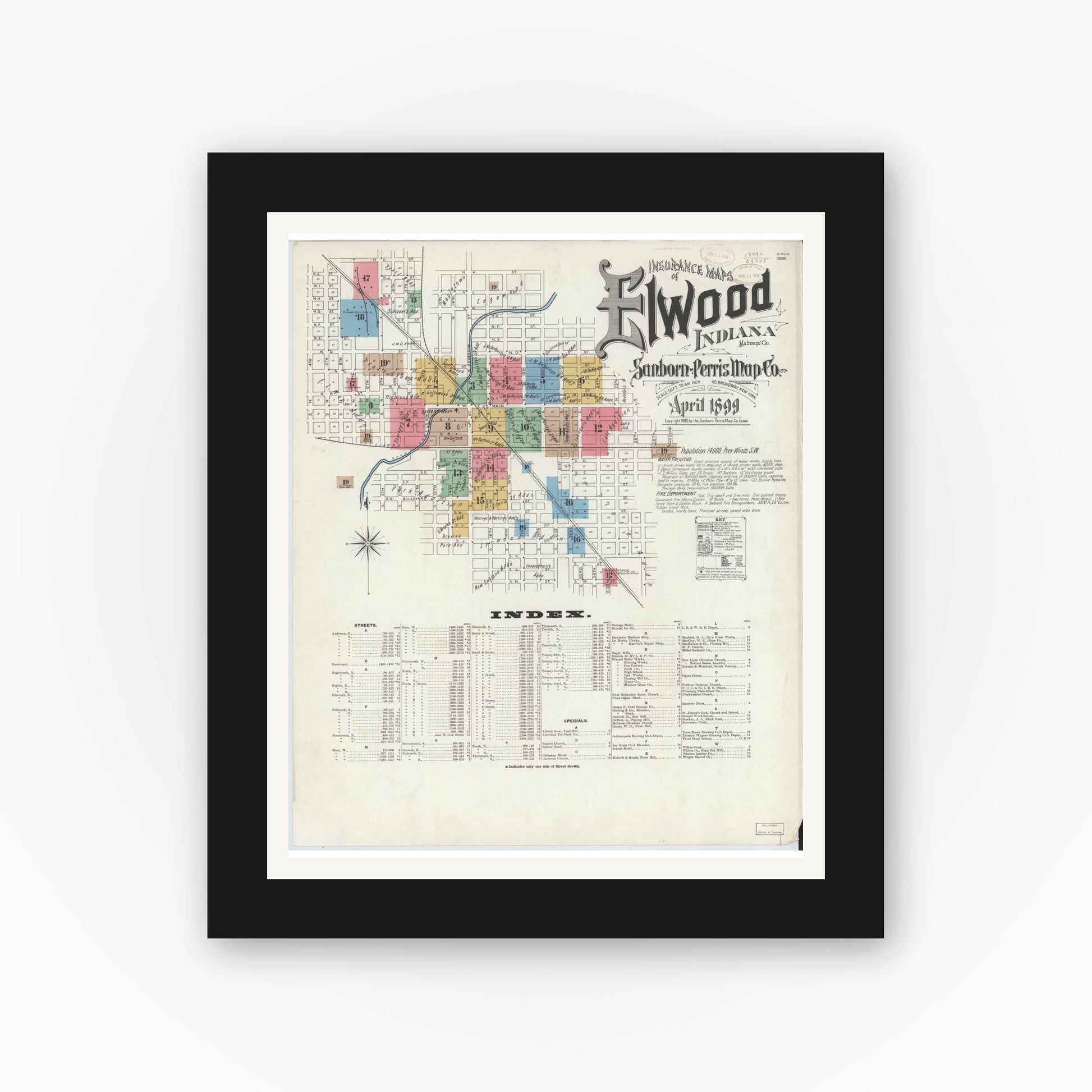Old map wall art mockup — black gallery frame with white mat — Sanborn Fire Insurance Map from Elwood, Madison County, Indiana (1899), Sheet #0001