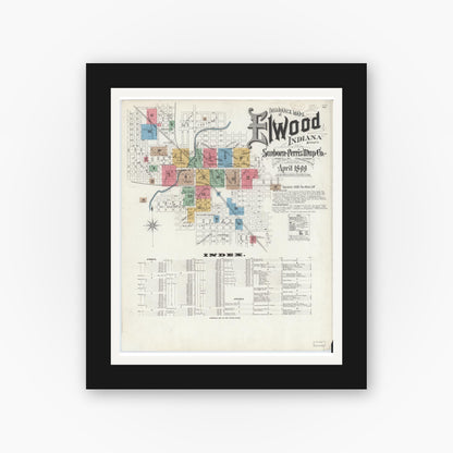 Old map wall art mockup — black gallery frame with white mat — Sanborn Fire Insurance Map from Elwood, Madison County, Indiana (1899), Sheet #0001