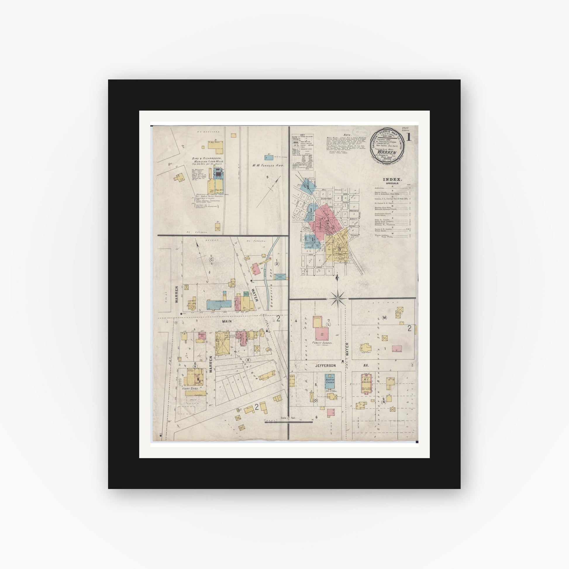 Old map wall art mockup — black gallery frame with white mat — Sanborn Fire Insurance Map from Warren, Jo Daviess County, Illinois (1898) - Complete Map Set