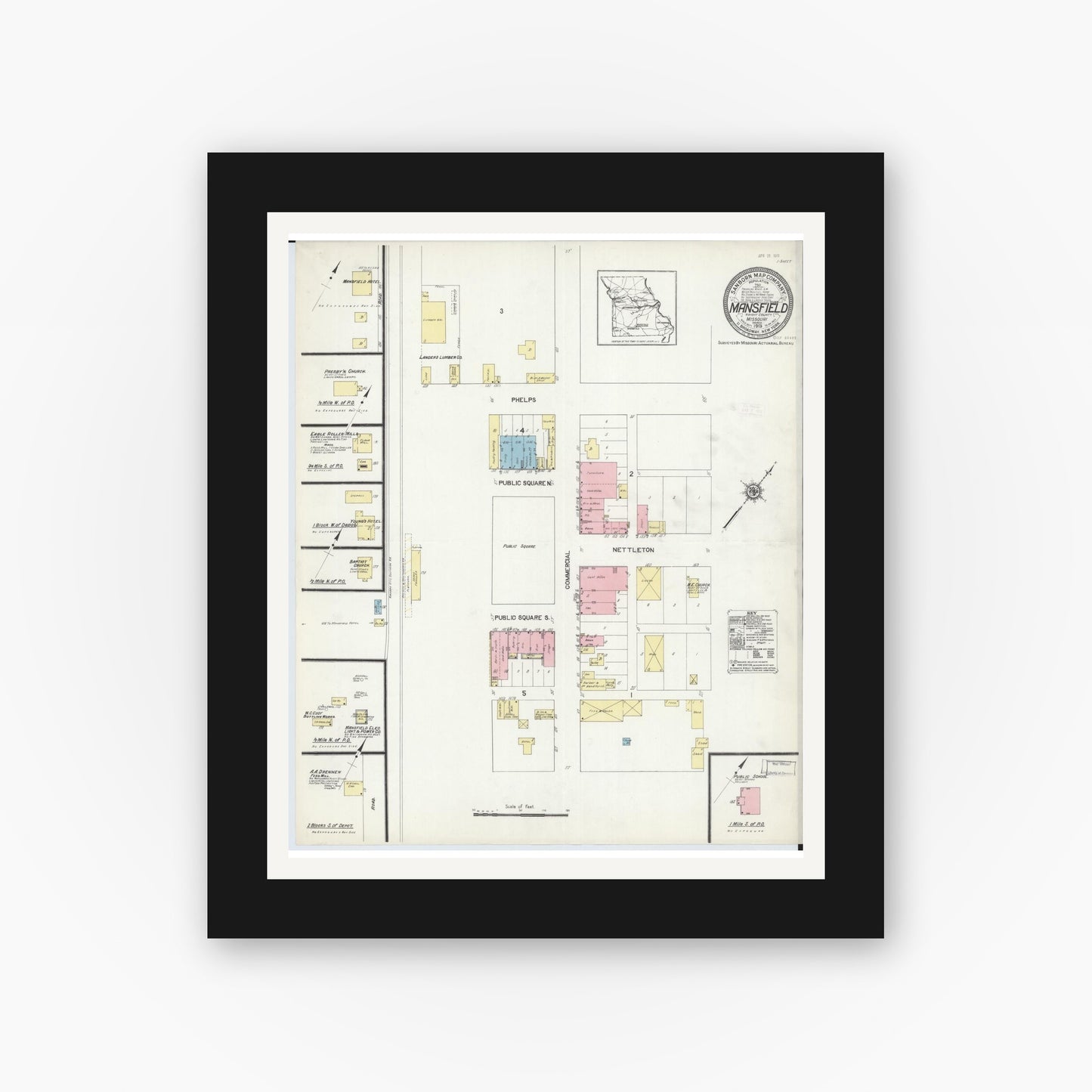 Old map wall art mockup — black gallery frame with white mat — Sanborn Fire Insurance Map from Mansfield, Wright County, Missouri (1913), Sheet #0001