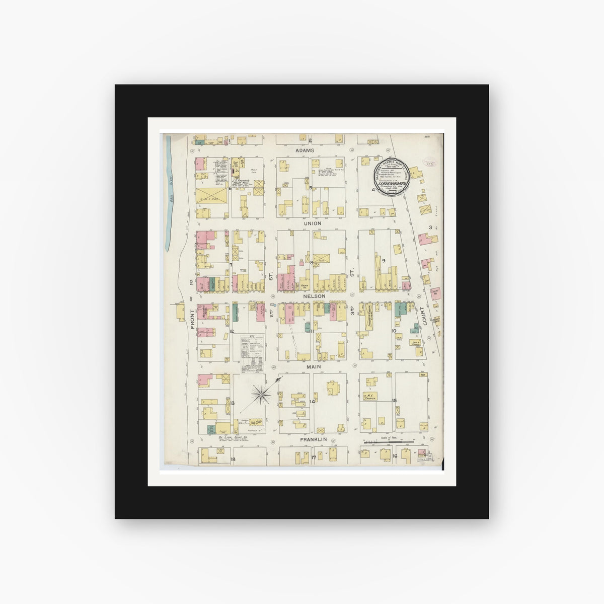 Old map wall art mockup — black gallery frame with white mat — Sanborn Fire Insurance Map from Leavenworth, Crawford County, Indiana (1894), Sheet #0001