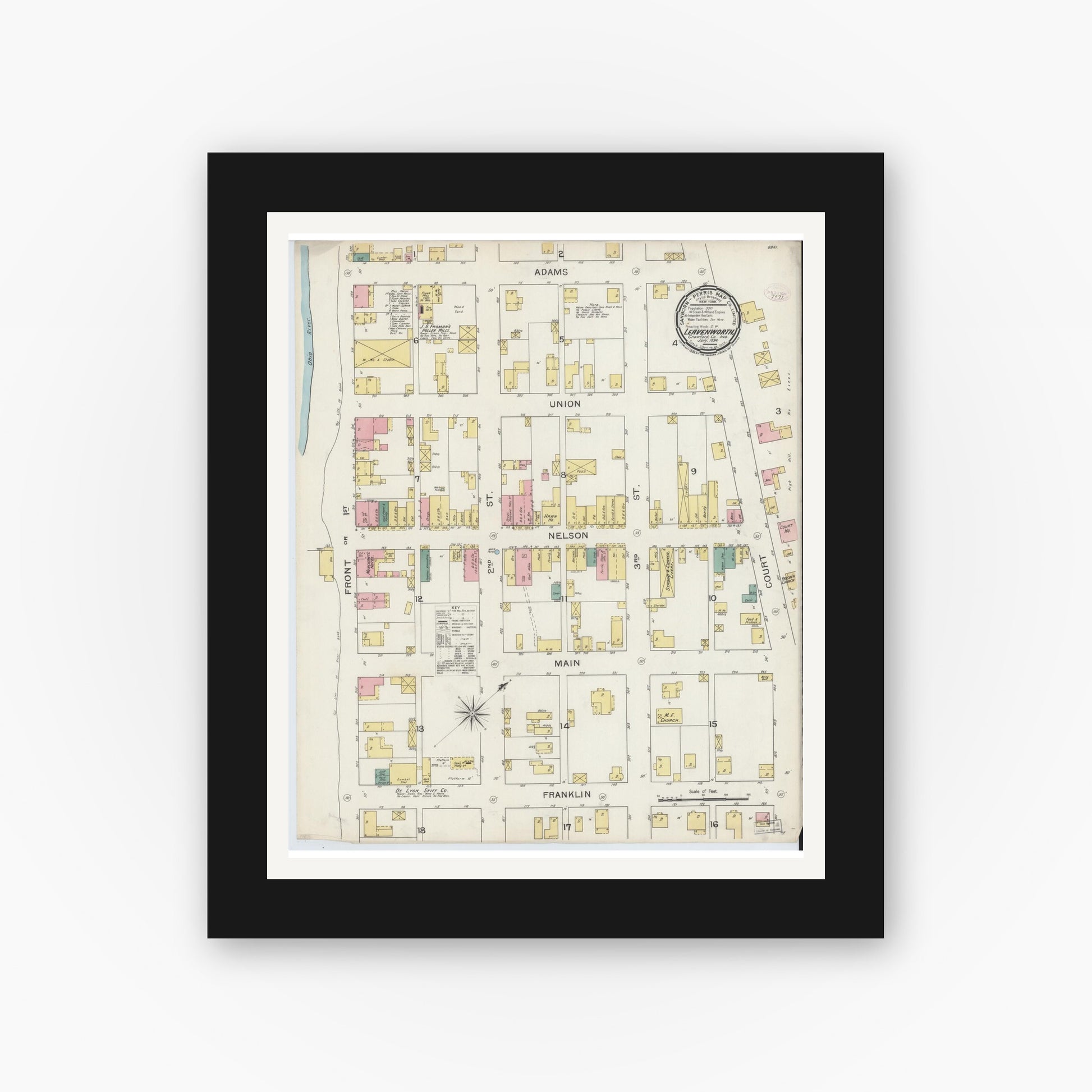 Old map wall art mockup — black gallery frame with white mat — Sanborn Fire Insurance Map from Leavenworth, Crawford County, Indiana (1894), Sheet #0001