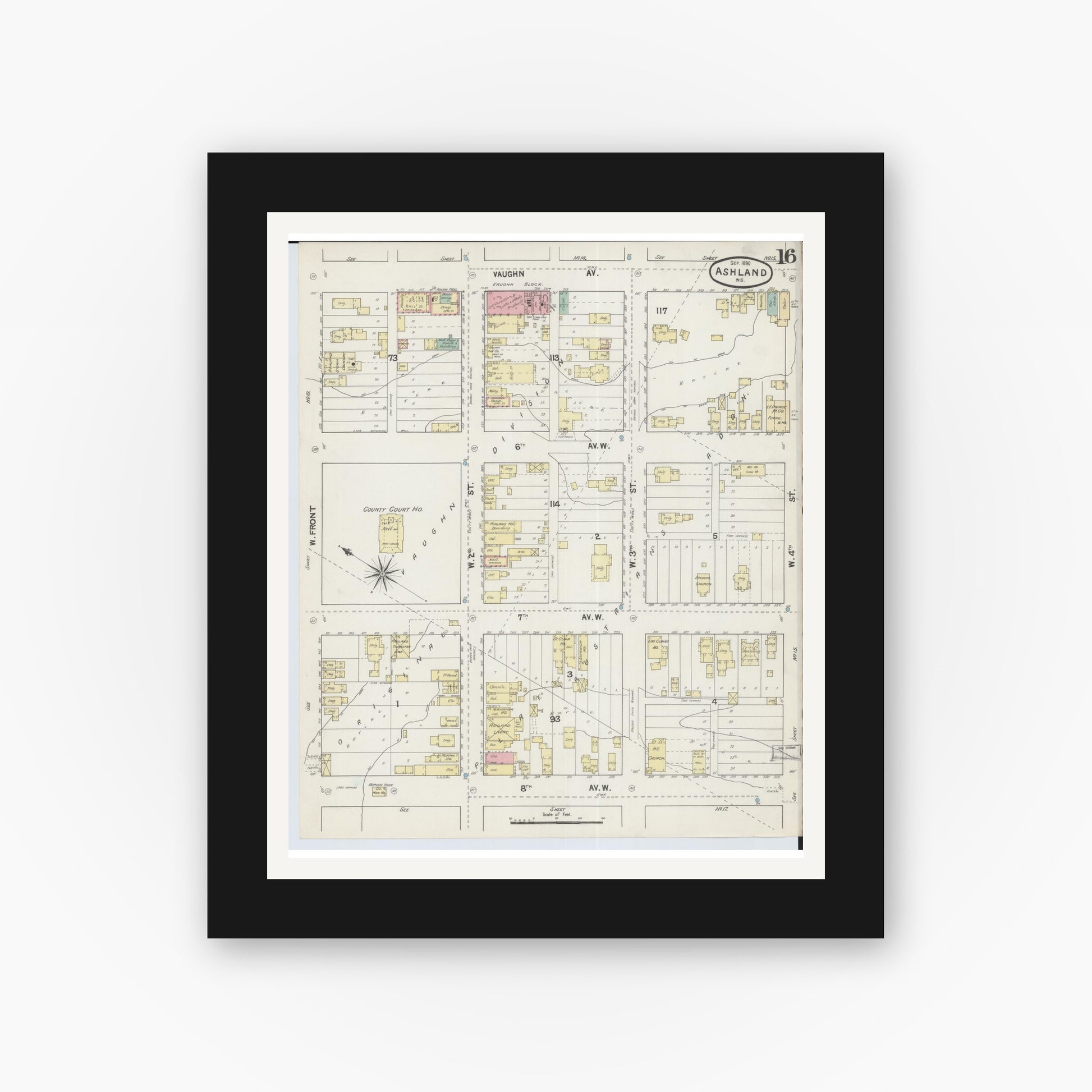 Old map wall art mockup — black gallery frame with white mat — Sanborn Fire Insurance Map from Ashland, Ashland County, Wisconsin (1890), Sheet #0016