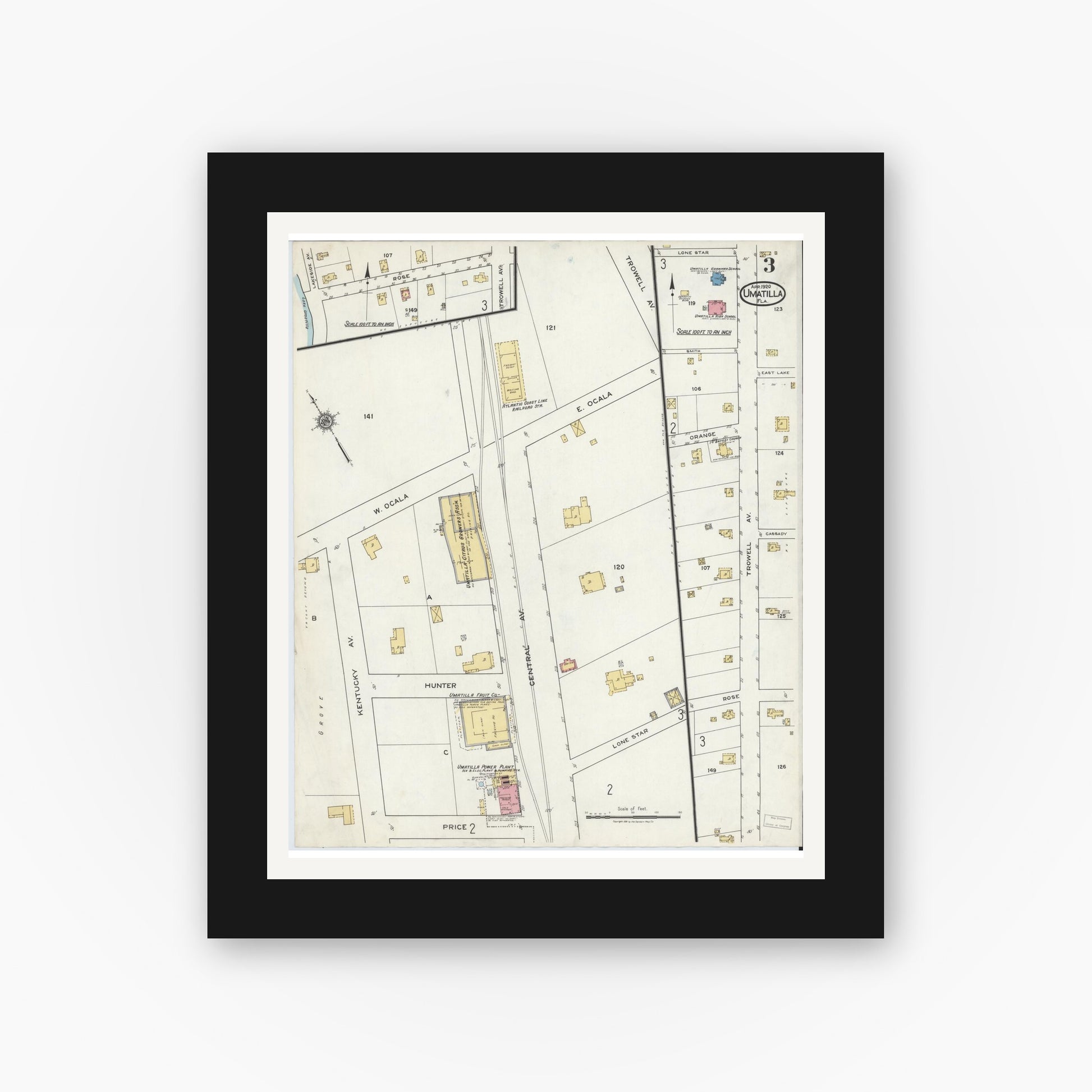Old map wall art mockup — black gallery frame with white mat — Sanborn Fire Insurance Map from Umatilla, Lake County, Florida (1920), Sheet #0003
