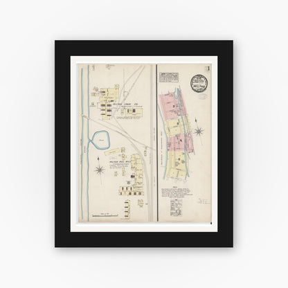 Old map wall art mockup — black gallery frame with white mat — Sanborn Fire Insurance Map from Milton, Northumberland County, Pennsylvania (1884), Sheet #0001