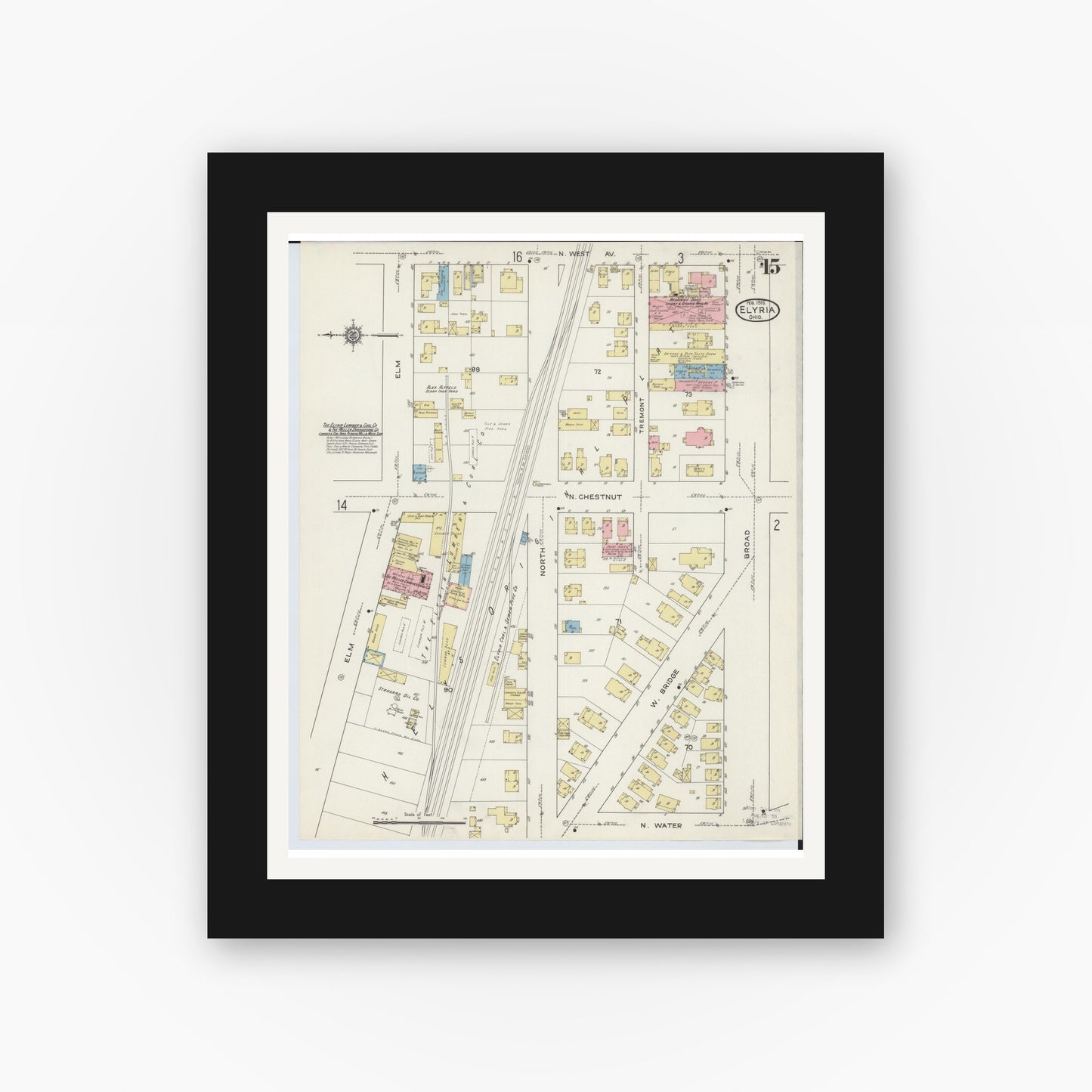 Old map wall art mockup — black gallery frame with white mat — Sanborn Fire Insurance Map from Elyria, Lorain County, Ohio (1915), Sheet #0015
