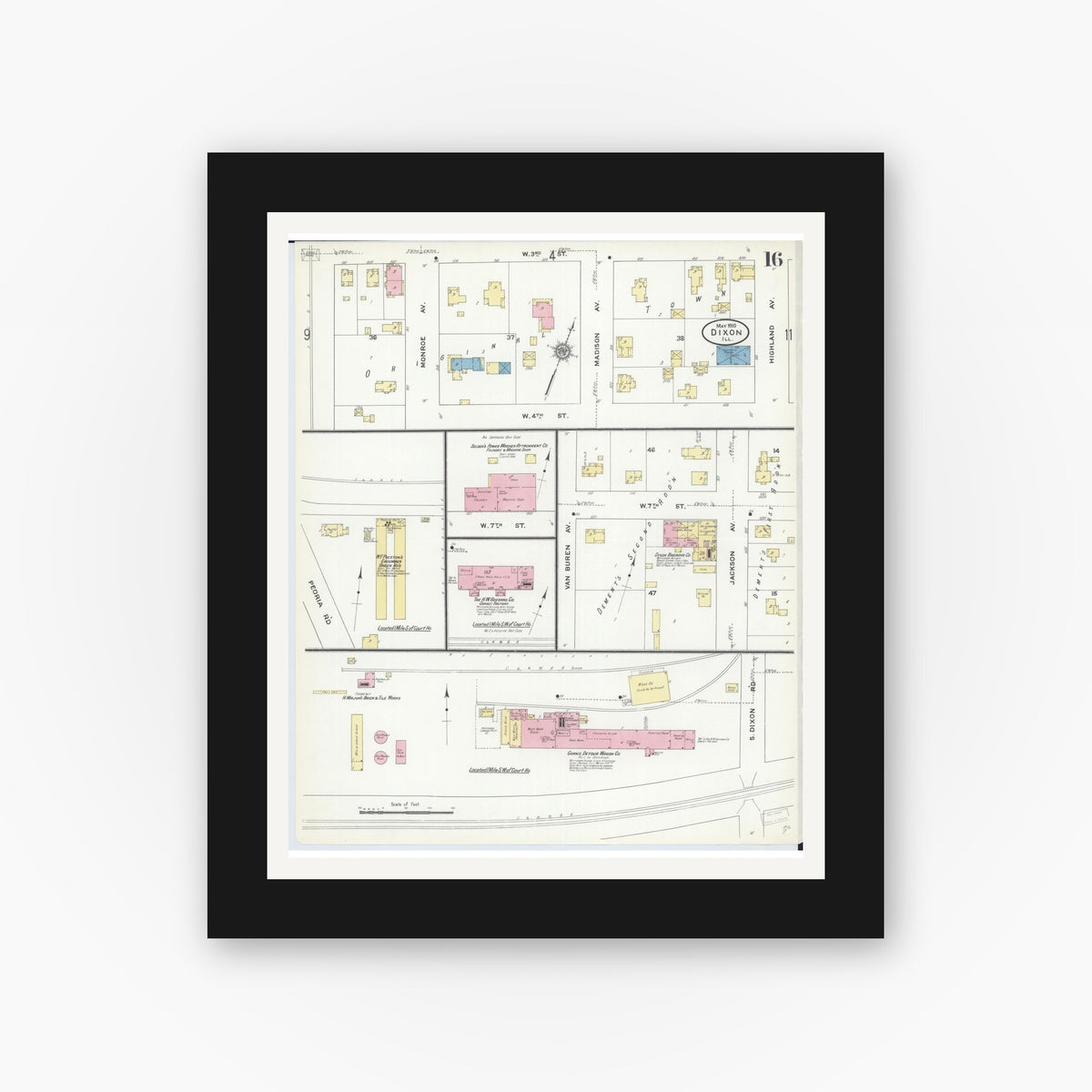 Old map wall art mockup — black gallery frame with white mat — Sanborn Fire Insurance Map from Dixon, Lee County, Illinois (1910), Sheet #0016