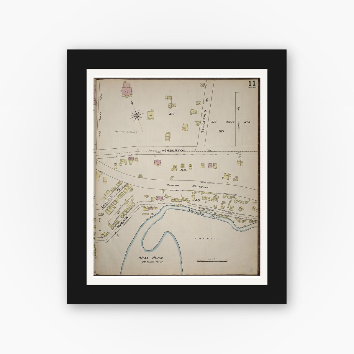 Old map wall art mockup — black gallery frame with white mat — Sanborn Fire Insurance Map from Yonkers, Westchester County, New York (1886), Sheet #0011