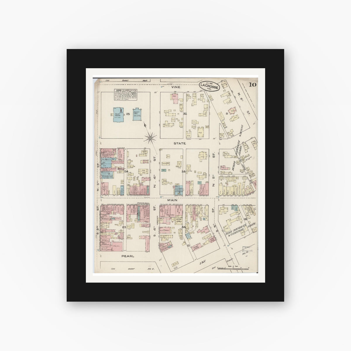 Old map wall art mockup — black gallery frame with white mat — Sanborn Fire Insurance Map from La Crosse, La Crosse County, Wisconsin (1884), Sheet #0010