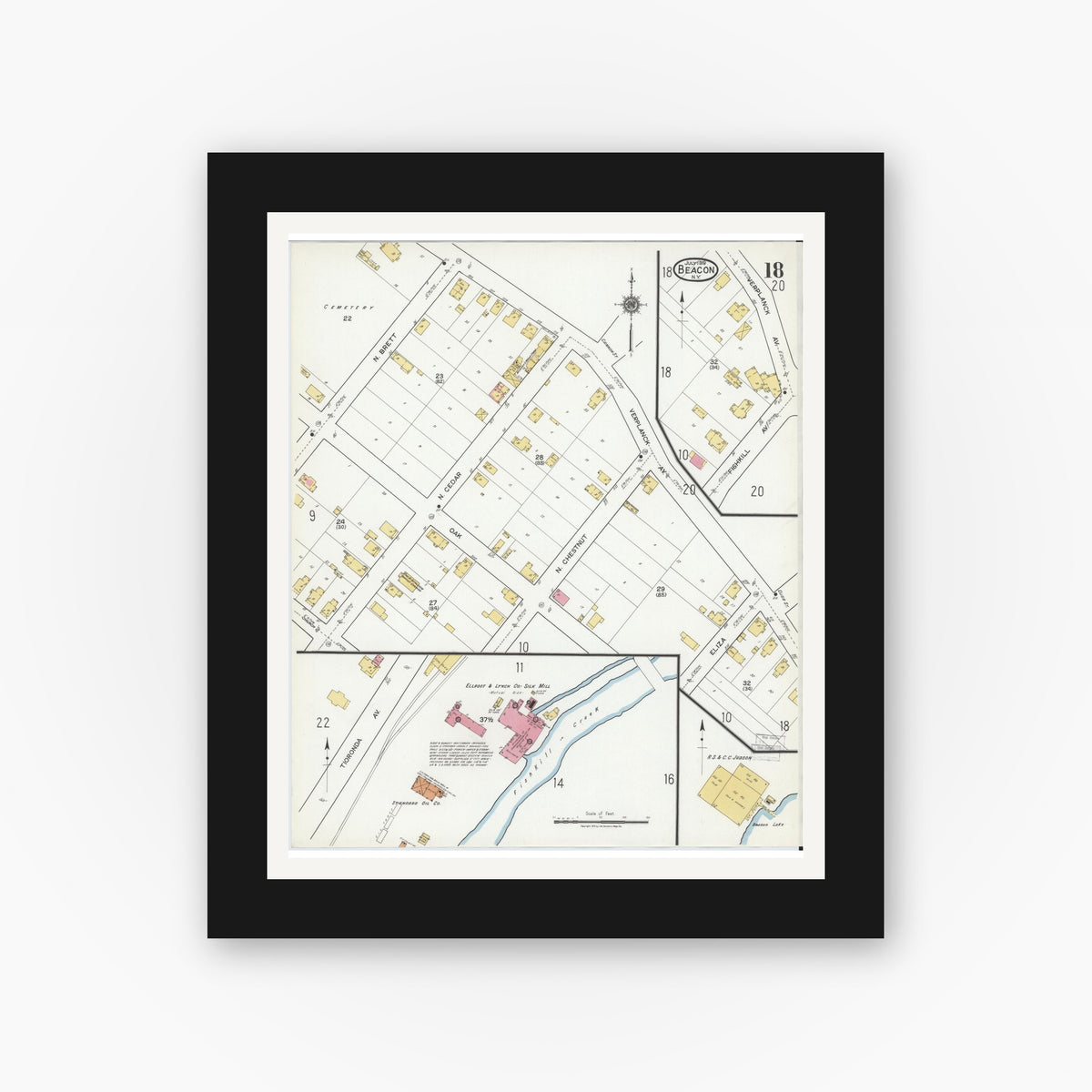 Old map wall art mockup — black gallery frame with white mat — Sanborn Fire Insurance Map from Beacon, Dutchess County, New York (1919), Sheet #0018