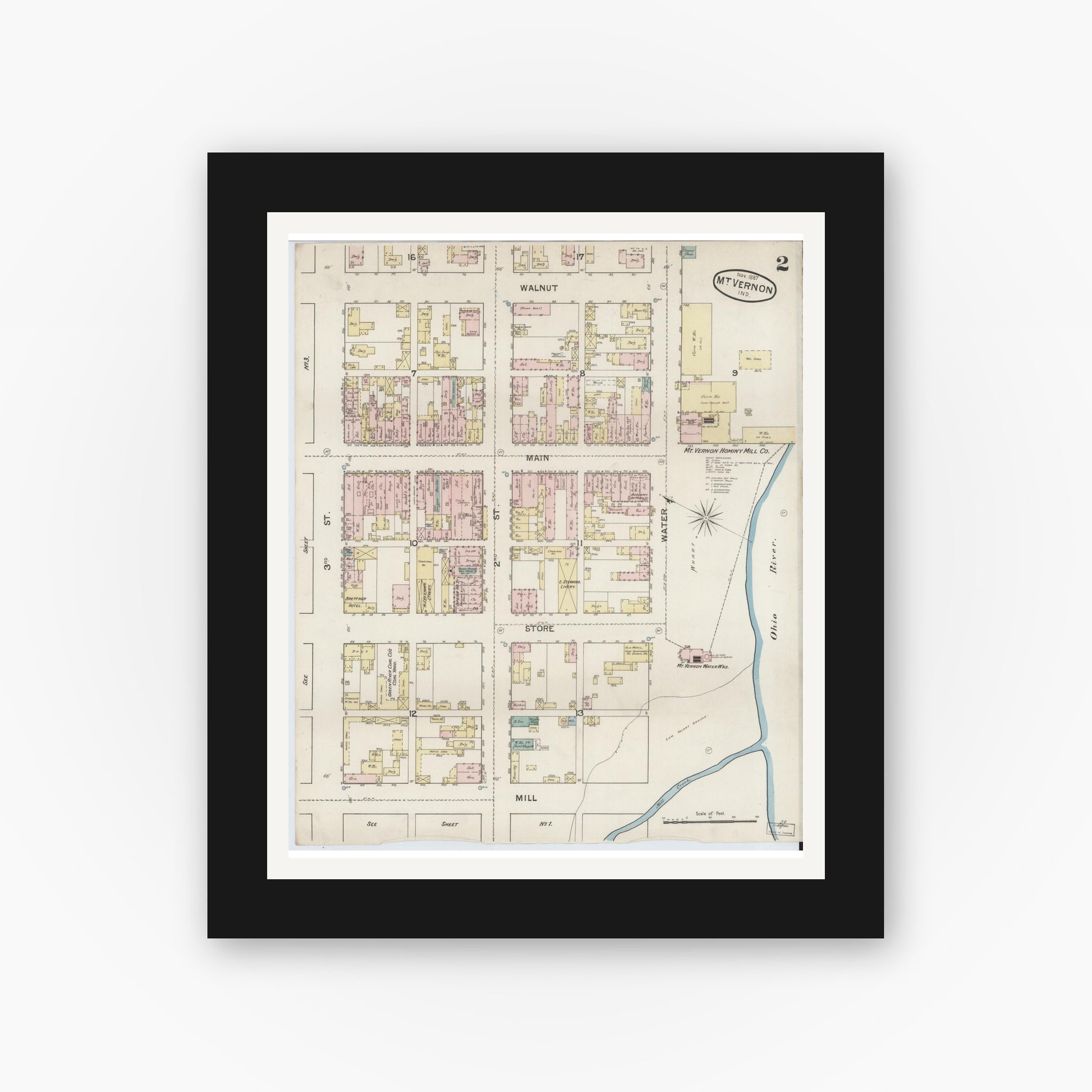 Old map wall art mockup — black gallery frame with white mat — Sanborn Fire Insurance Map from Mount Vernon, Posey County, Indiana (1887), Sheet #0002