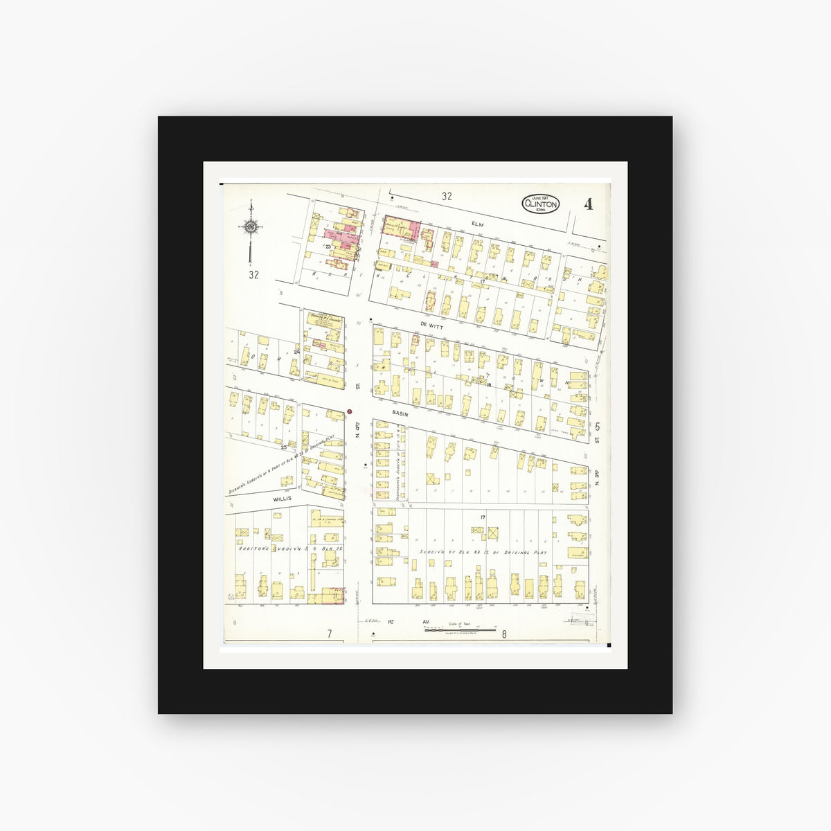 Old map wall art mockup — black gallery frame with white mat — Sanborn Fire Insurance Map from Clinton, Clinton County, Iowa (1917), Sheet #0004