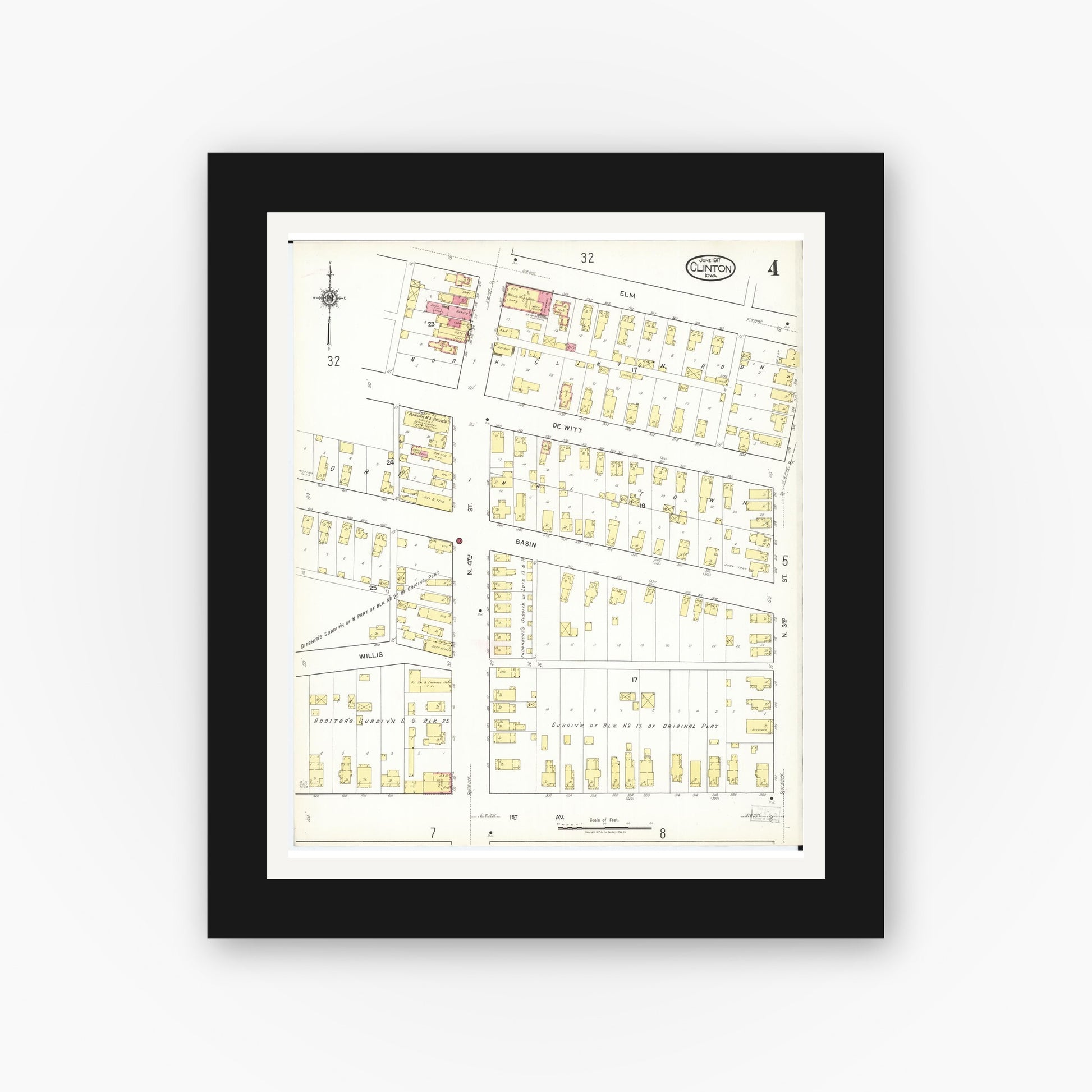Old map wall art mockup — black gallery frame with white mat — Sanborn Fire Insurance Map from Clinton, Clinton County, Iowa (1917), Sheet #0004