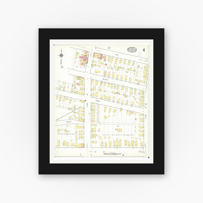 Old map wall art mockup — black gallery frame with white mat — Sanborn Fire Insurance Map from Clinton, Clinton County, Iowa (1917), Sheet #0004