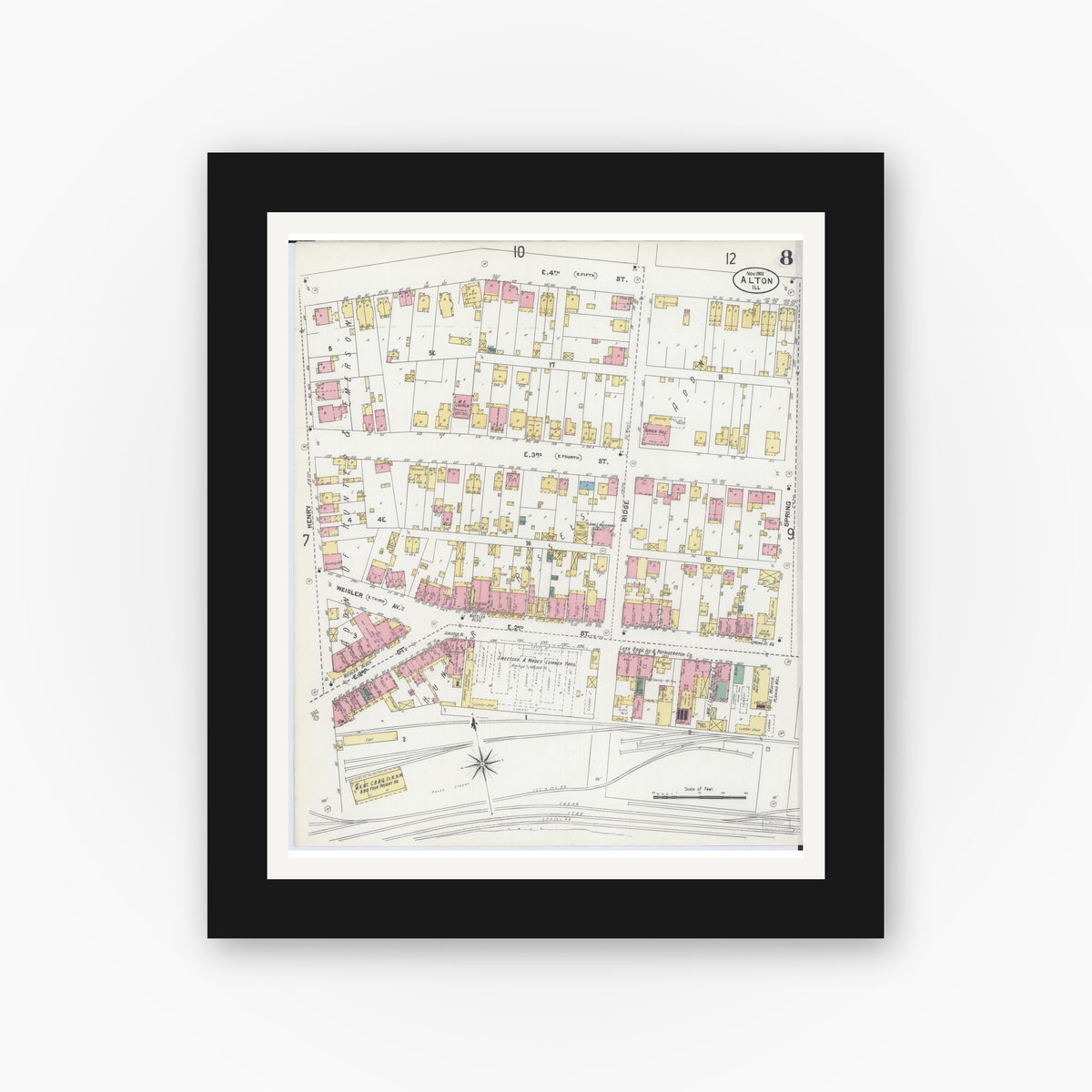 Old map wall art mockup — black gallery frame with white mat — Sanborn Fire Insurance Map from Alton, Madison County, Illinois (1902), Sheet #0008