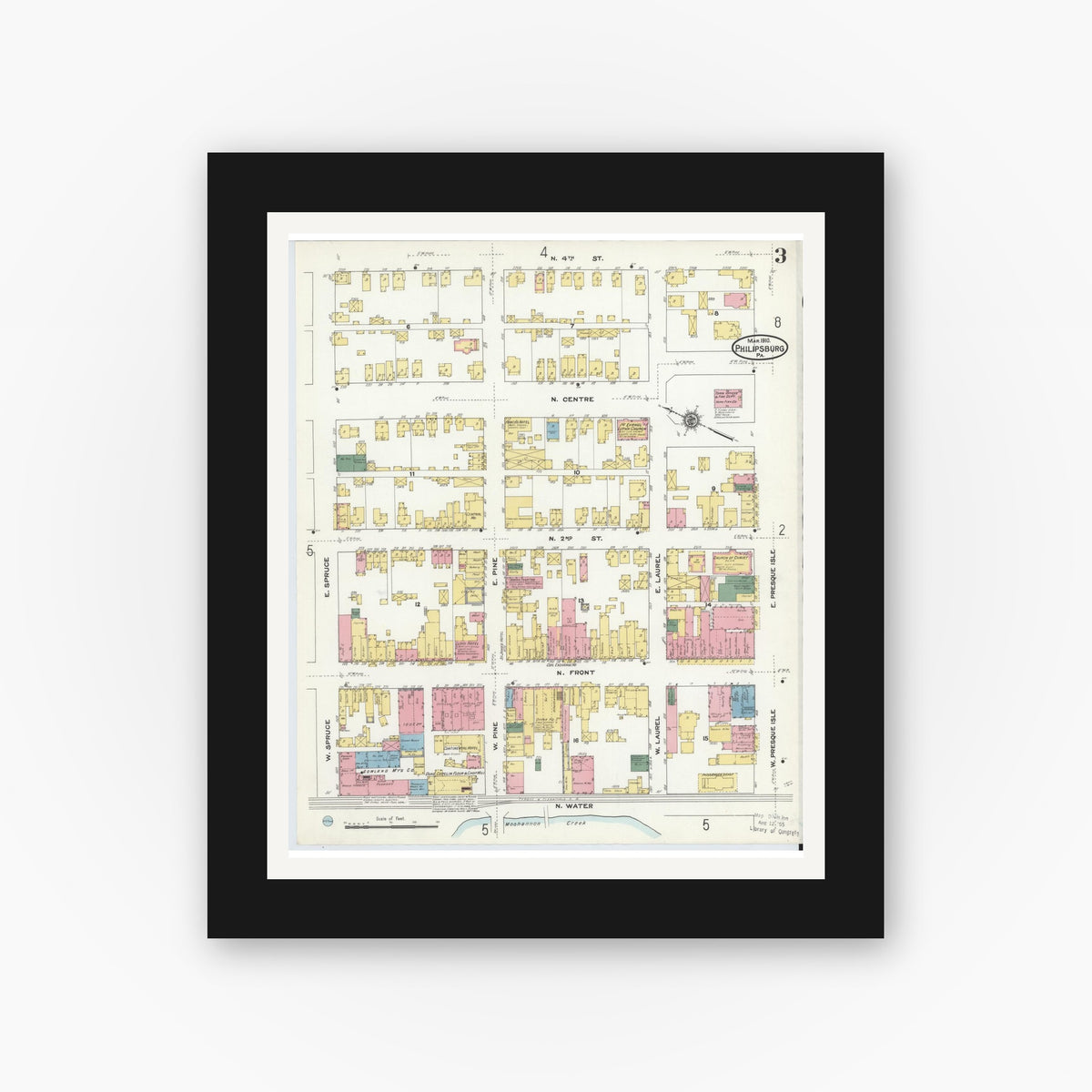 Old map wall art mockup — black gallery frame with white mat — Sanborn Fire Insurance Map from Philipsburg, Centre County, Pennsylvania (1910), Sheet #0003