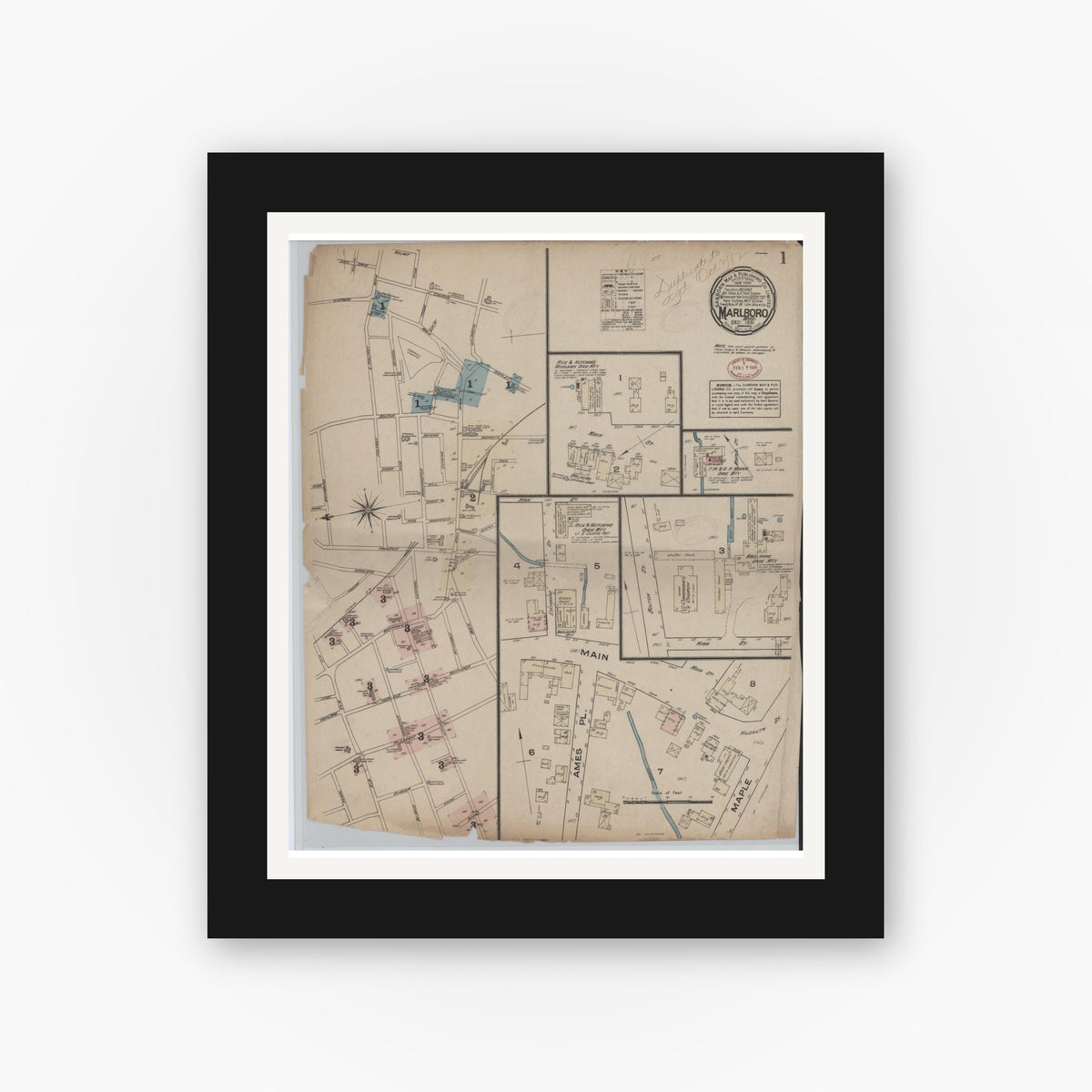 Old map wall art mockup — black gallery frame with white mat — Sanborn Fire Insurance Map from Marlborough, Middlesex  County, Massachusetts (1881), Sheet #0001