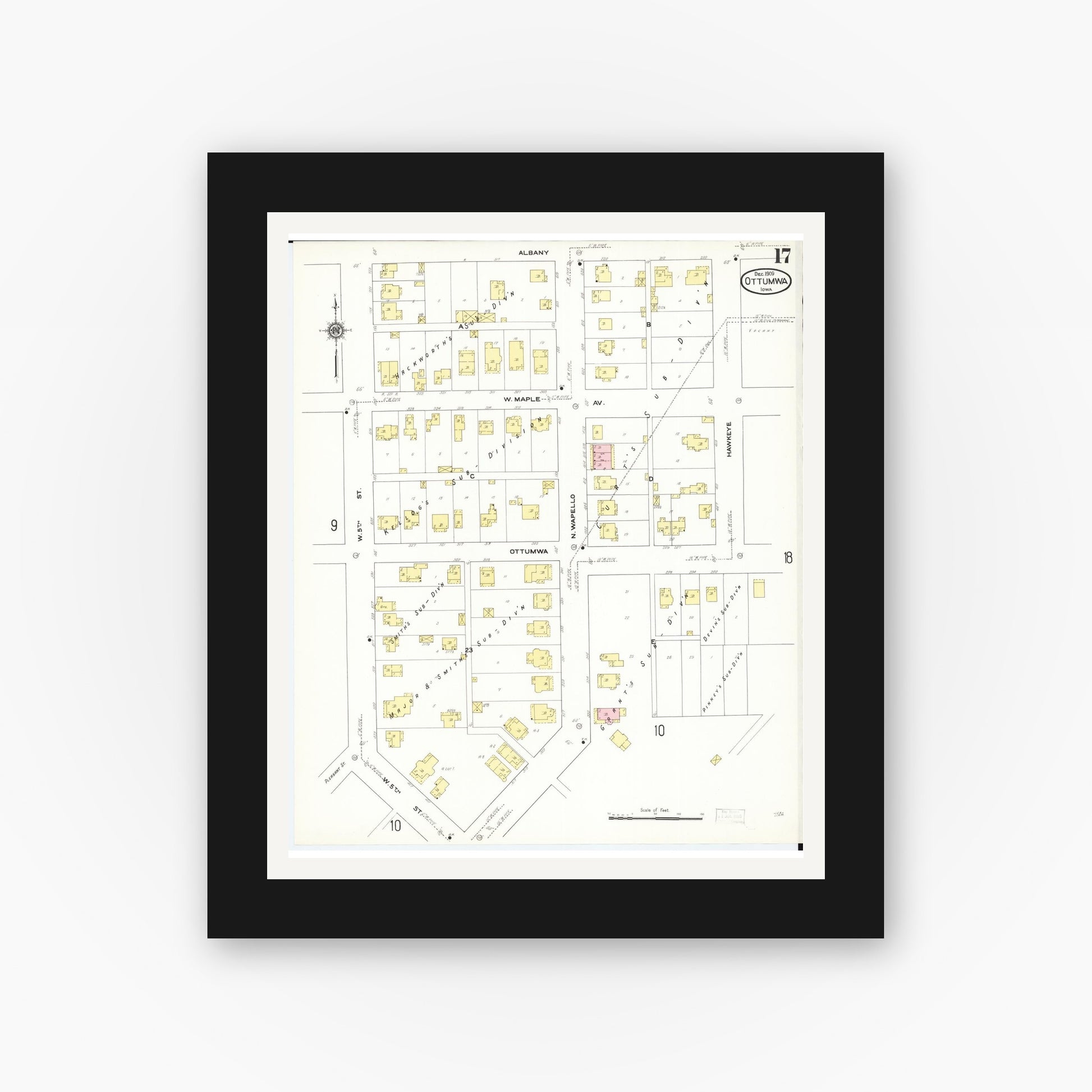 Old map wall art mockup — black gallery frame with white mat — Sanborn Fire Insurance Map from Ottumwa, Wapello County, Iowa (1909), Sheet #0017