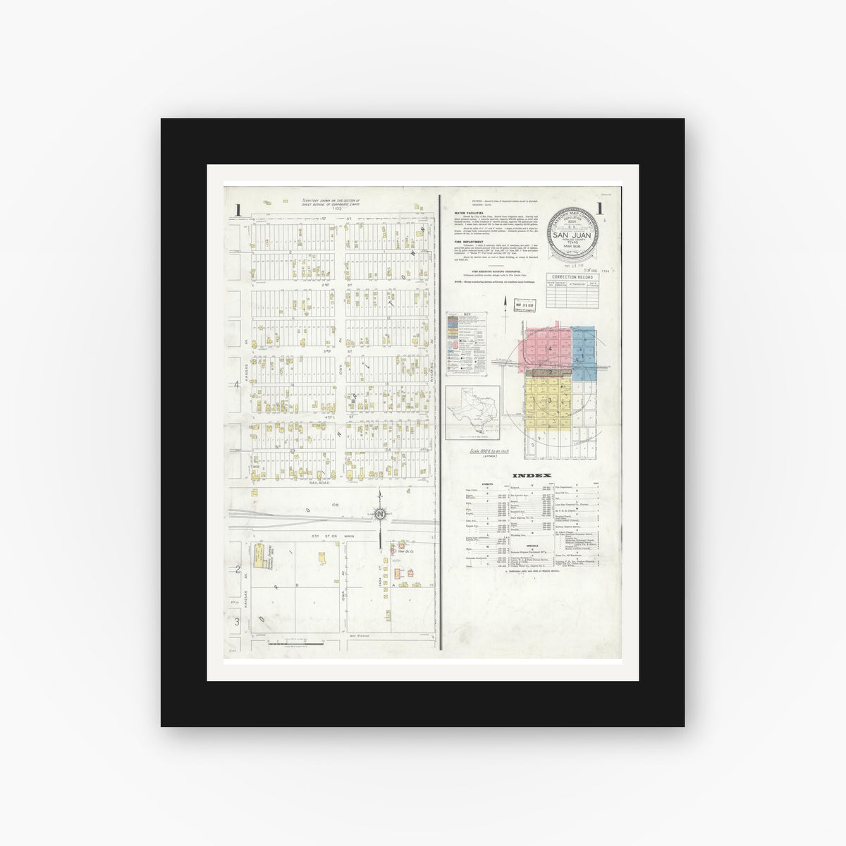 Old map wall art mockup — black gallery frame with white mat — Sanborn Fire Insurance Map from San Juan, Hidalgo County, Texas (1938) - Complete Map Set
