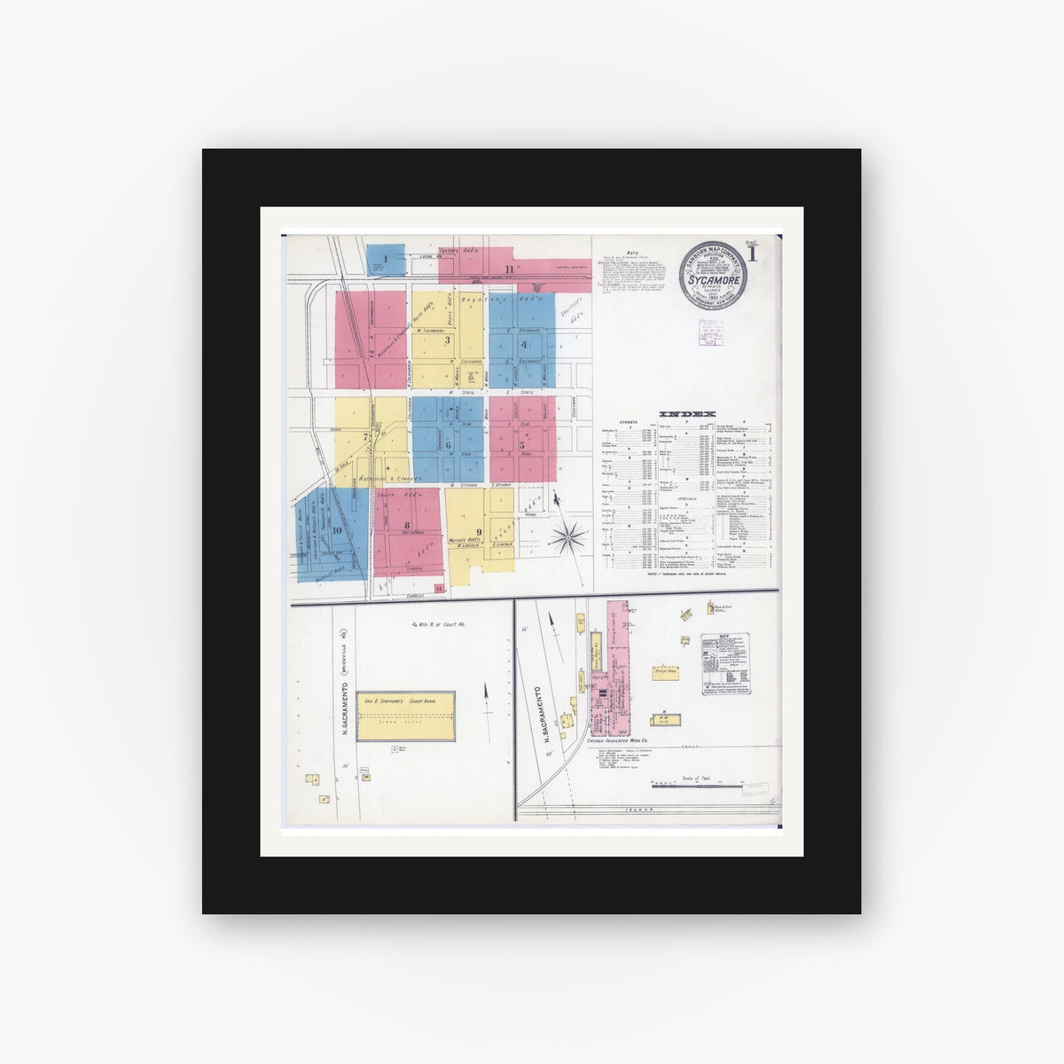 Old map wall art mockup — black gallery frame with white mat — Sanborn Fire Insurance Map from Sycamore, De Kalb County, Illinois (1905) - Complete Map Set