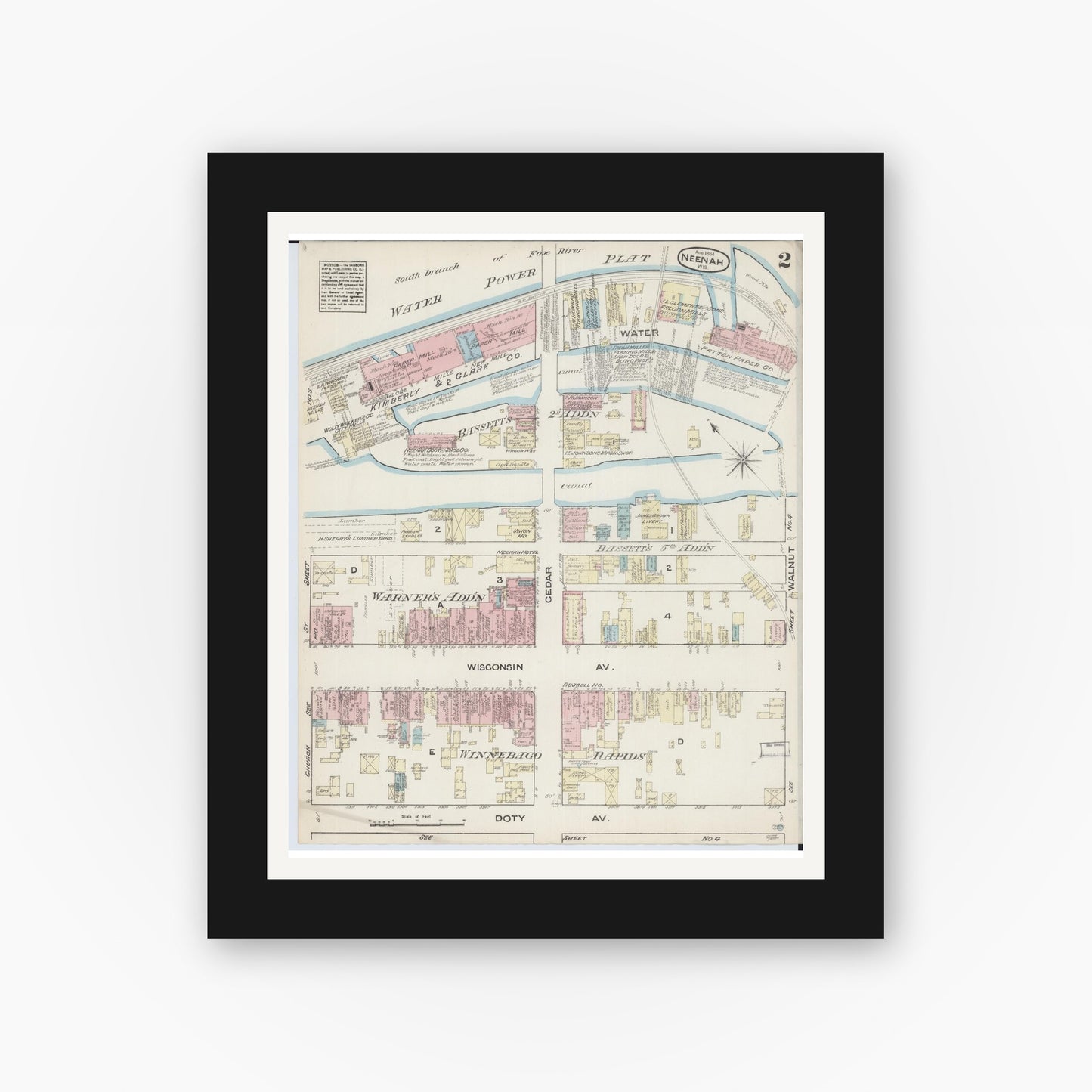 Old map wall art mockup — black gallery frame with white mat — Sanborn Fire Insurance Map from Neenah, Winnebago County, Wisconsin (1884), Sheet #0002