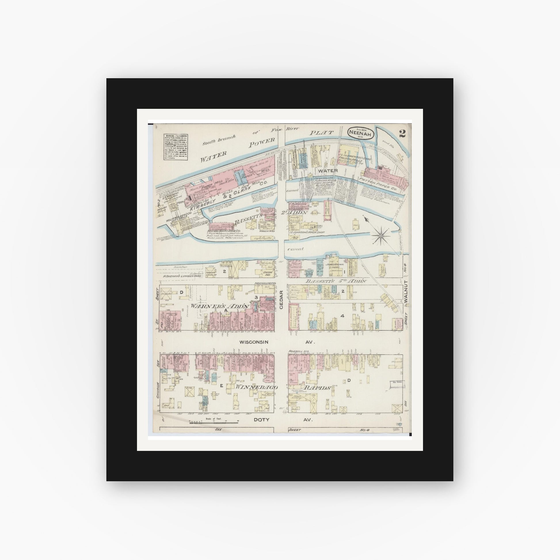 Old map wall art mockup — black gallery frame with white mat — Sanborn Fire Insurance Map from Neenah, Winnebago County, Wisconsin (1884), Sheet #0002