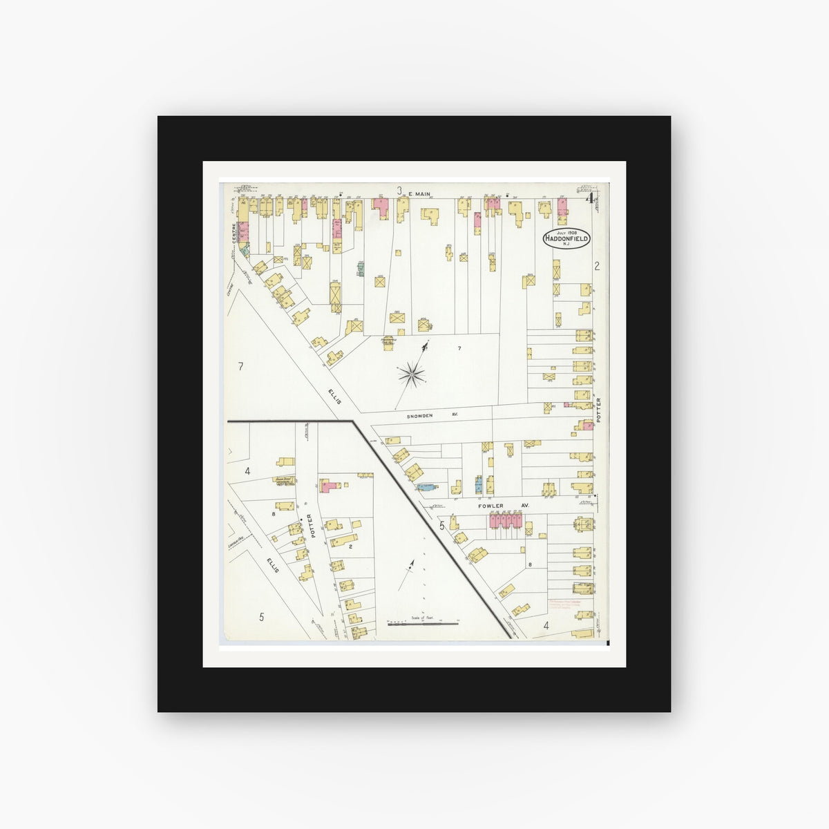 Old map wall art mockup — black gallery frame with white mat — Sanborn Fire Insurance Map from Haddonfield, Camden County, New Jersey (1908), Sheet #0004