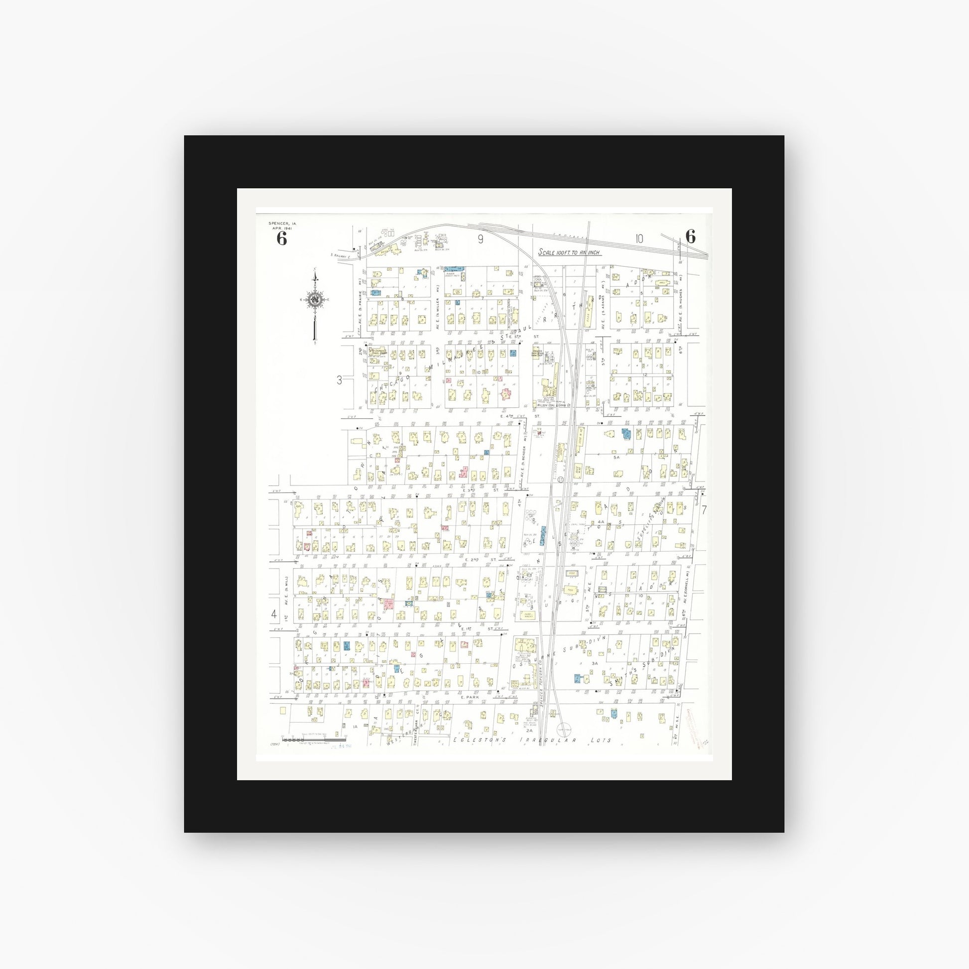 Old map wall art mockup — black gallery frame with white mat — Sanborn Fire Insurance Map from Spencer, Clay County, Iowa (1941), Sheet #0006