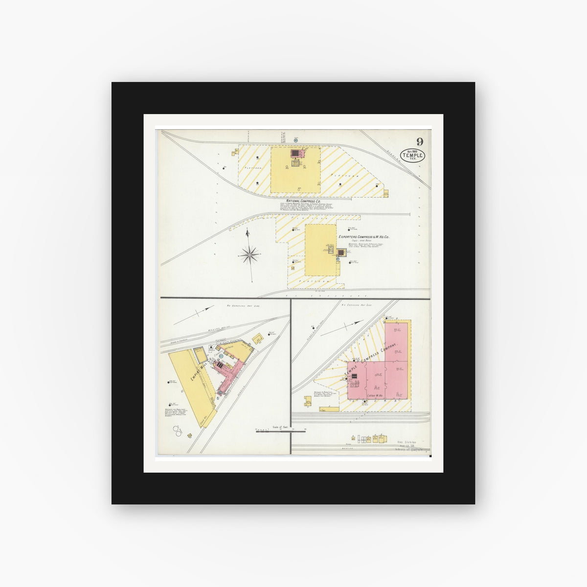 Old map wall art mockup — black gallery frame with white mat — Sanborn Fire Insurance Map from Temple, Bell County, Texas (1900), Sheet #0009