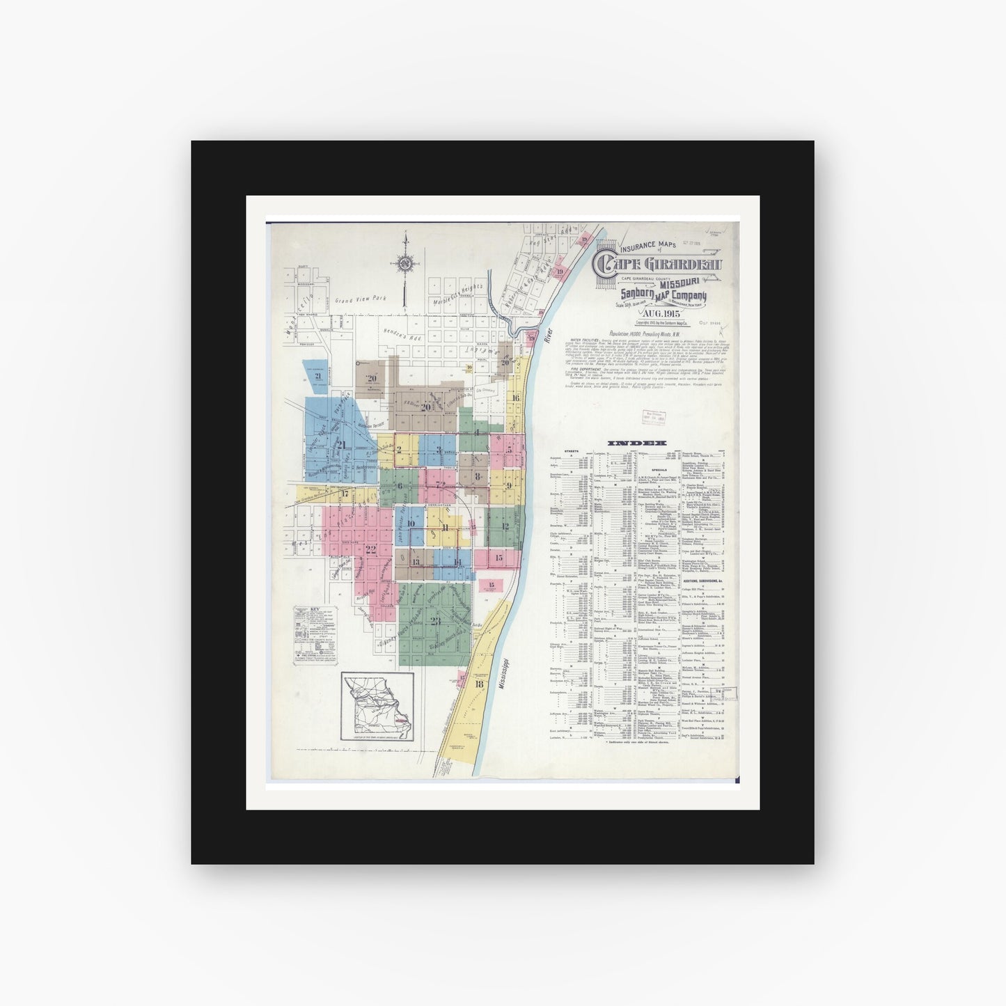 Old map wall art mockup — black gallery frame with white mat — Sanborn Fire Insurance Map from Cape Girardeau, Cape Girardeau County, Missouri (1915) - Complete Map Set