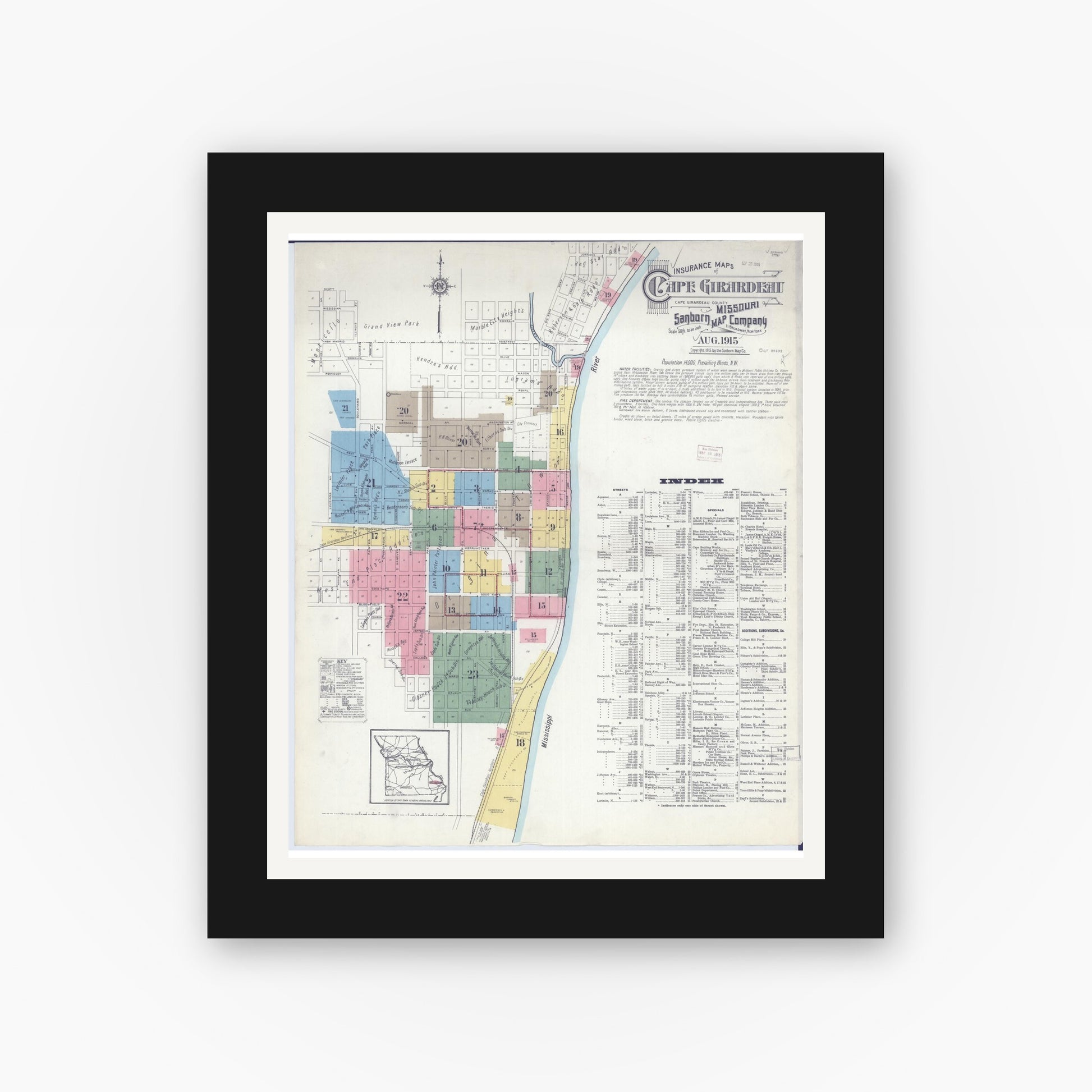 Old map wall art mockup — black gallery frame with white mat — Sanborn Fire Insurance Map from Cape Girardeau, Cape Girardeau County, Missouri (1915) - Complete Map Set