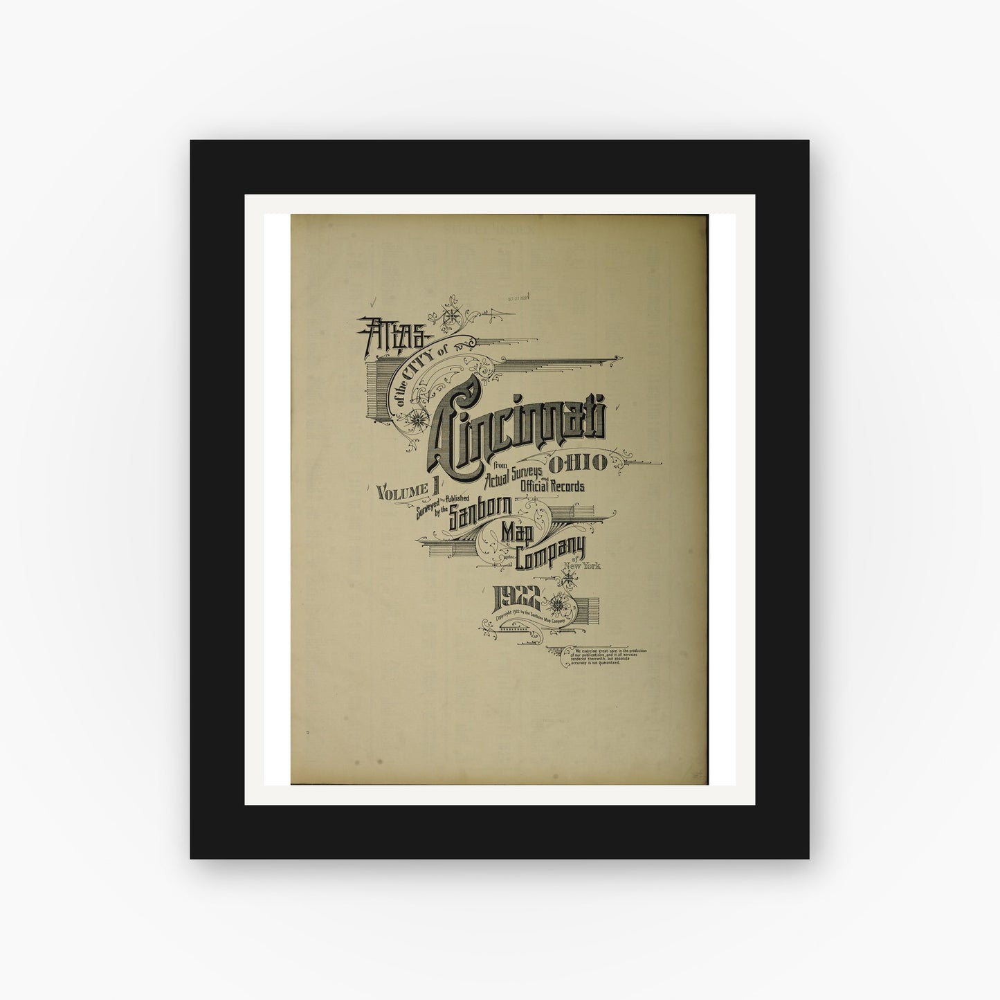 Old map wall art mockup — black gallery frame with white mat — Sanborn Fire Insurance Map from Cincinnati, Hamilton County, Ohio (1922), Sheet #0001