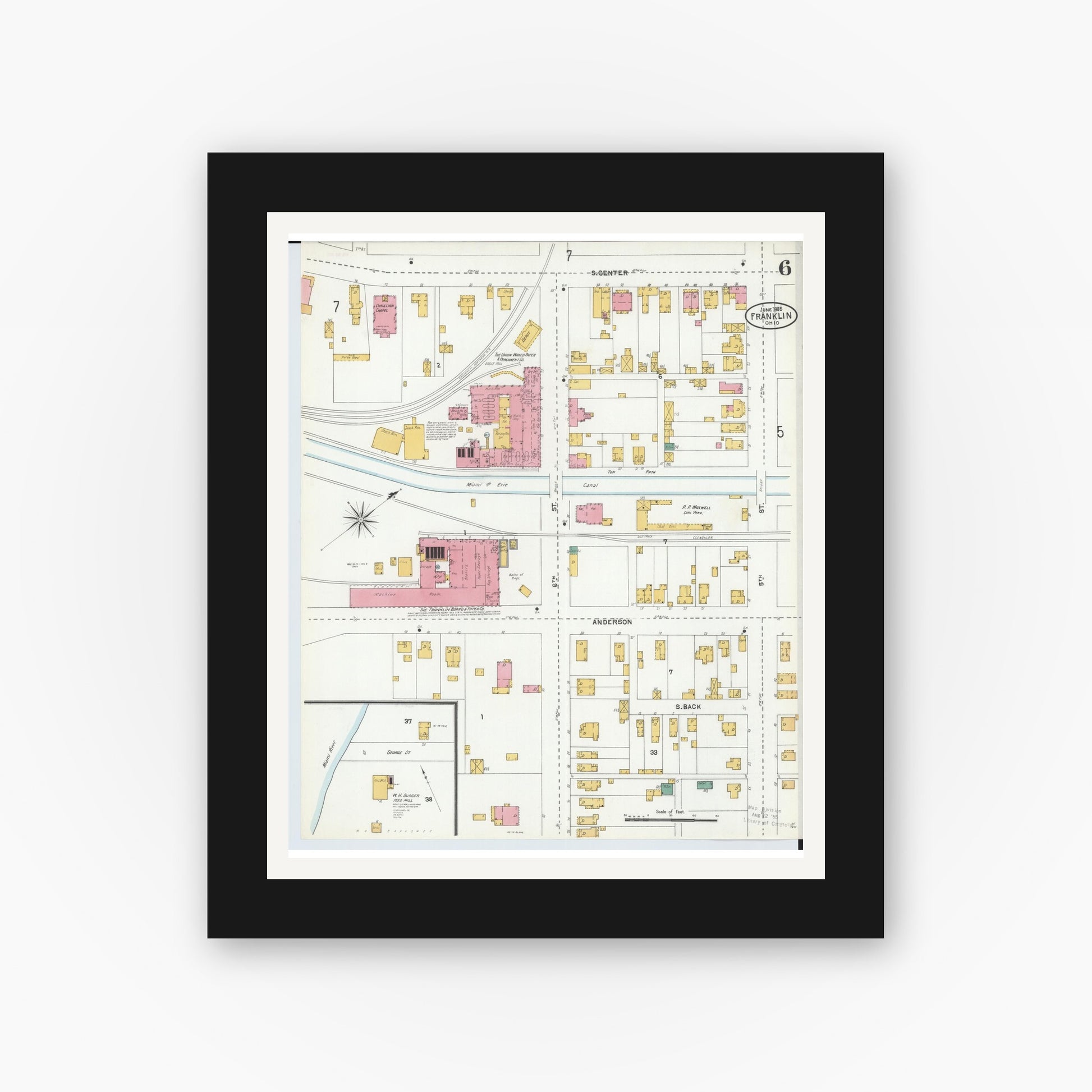 Old map wall art mockup — black gallery frame with white mat — Sanborn Fire Insurance Map from Franklin, Warren County, Ohio (1905), Sheet #0006
