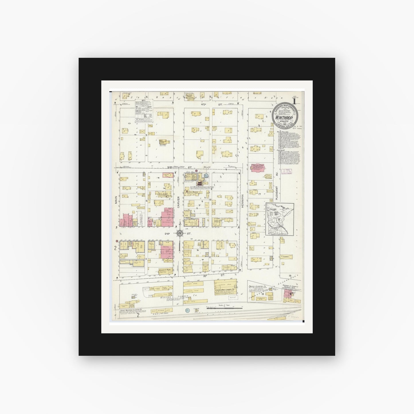 Old map wall art mockup — black gallery frame with white mat — Sanborn Fire Insurance Map from Winthrop, Sibley County, Minnesota (1913) - Complete Map Set