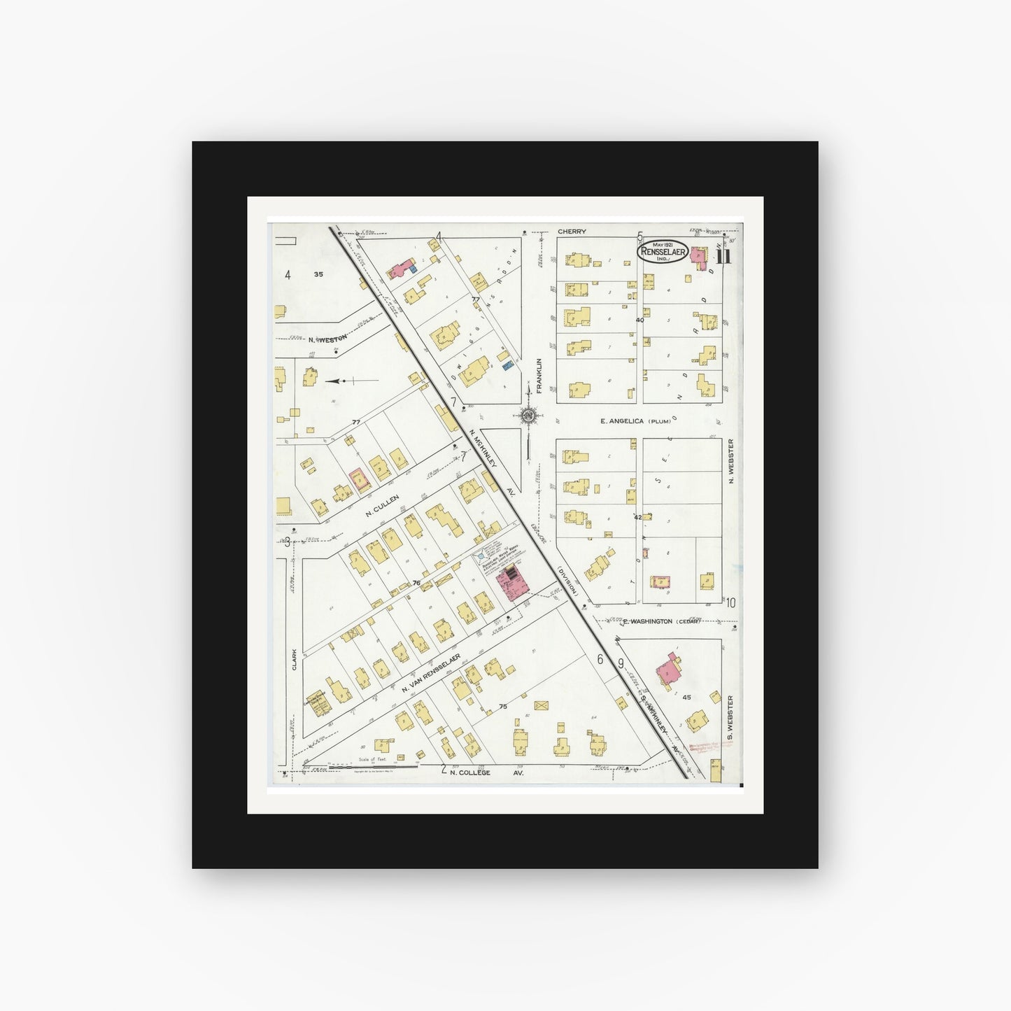 Old map wall art mockup — black gallery frame with white mat — Sanborn Fire Insurance Map from Rensselaer, Jasper County, Indiana (1921), Sheet #0011