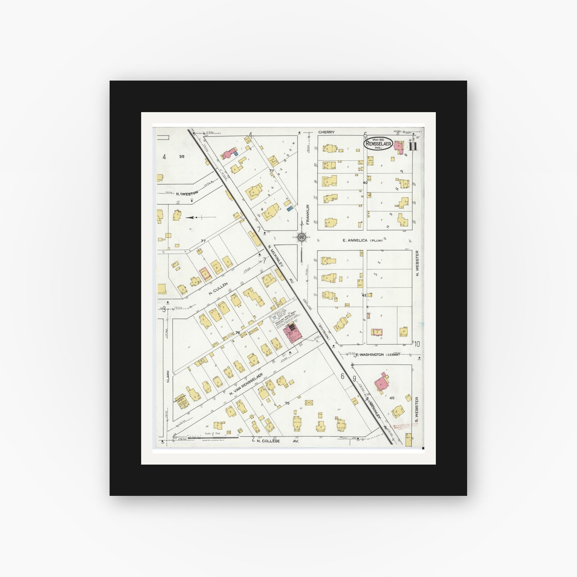 Old map wall art mockup — black gallery frame with white mat — Sanborn Fire Insurance Map from Rensselaer, Jasper County, Indiana (1921), Sheet #0011