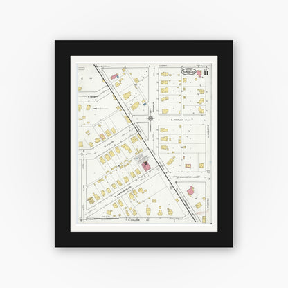 Old map wall art mockup — black gallery frame with white mat — Sanborn Fire Insurance Map from Rensselaer, Jasper County, Indiana (1921), Sheet #0011
