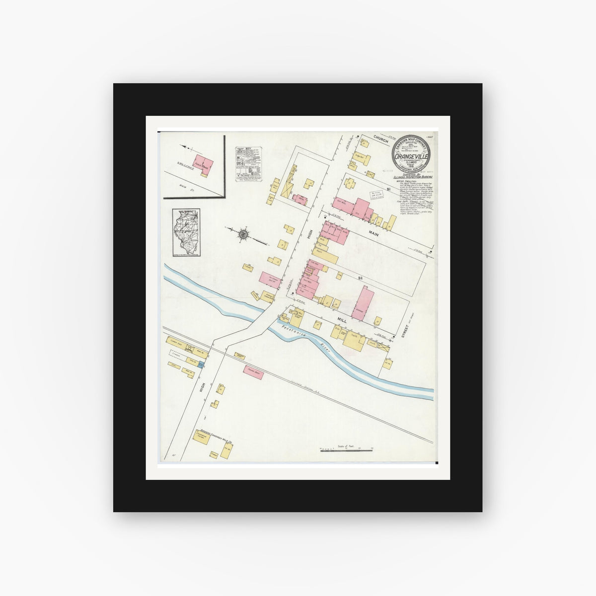 Old map wall art mockup — black gallery frame with white mat — Sanborn Fire Insurance Map from Orangeville, Stephenson County, Illinois (1919), Sheet #0001