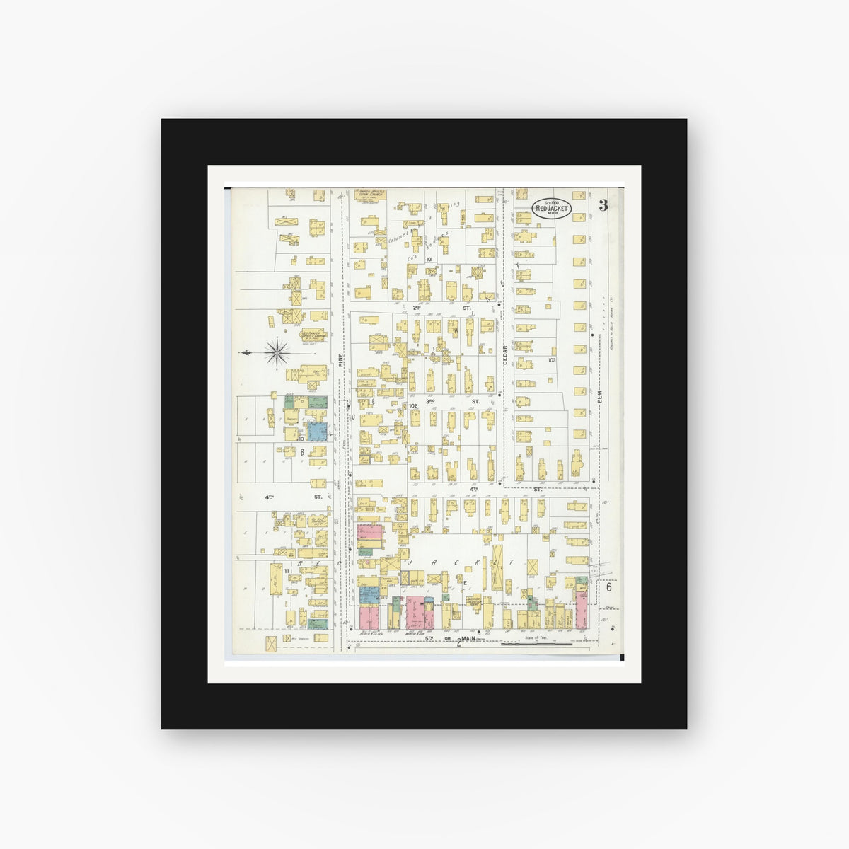 Old map wall art mockup — black gallery frame with white mat — Sanborn Fire Insurance Map from Red Jacket, Houghton County, Michigan (1900), Sheet #0003