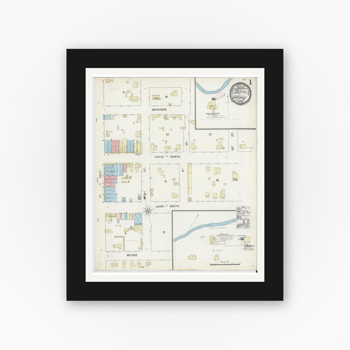Old map wall art mockup — black gallery frame with white mat — Sanborn Fire Insurance Map from Gatesville, Coryell County, Texas (1891) - Complete Map Set