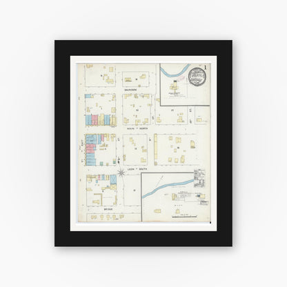 Old map wall art mockup — black gallery frame with white mat — Sanborn Fire Insurance Map from Gatesville, Coryell County, Texas (1891) - Complete Map Set