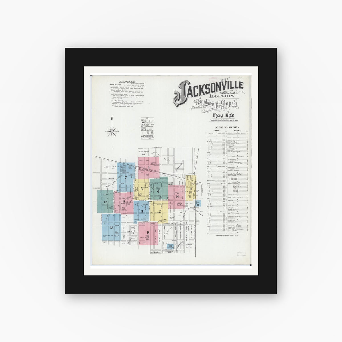 Old map wall art mockup — black gallery frame with white mat — Sanborn Fire Insurance Map from Jacksonville, Morgan County, Illinois (1892) - Complete Map Set