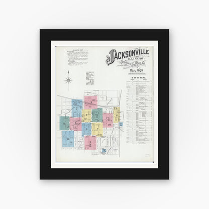 Old map wall art mockup — black gallery frame with white mat — Sanborn Fire Insurance Map from Jacksonville, Morgan County, Illinois (1892) - Complete Map Set