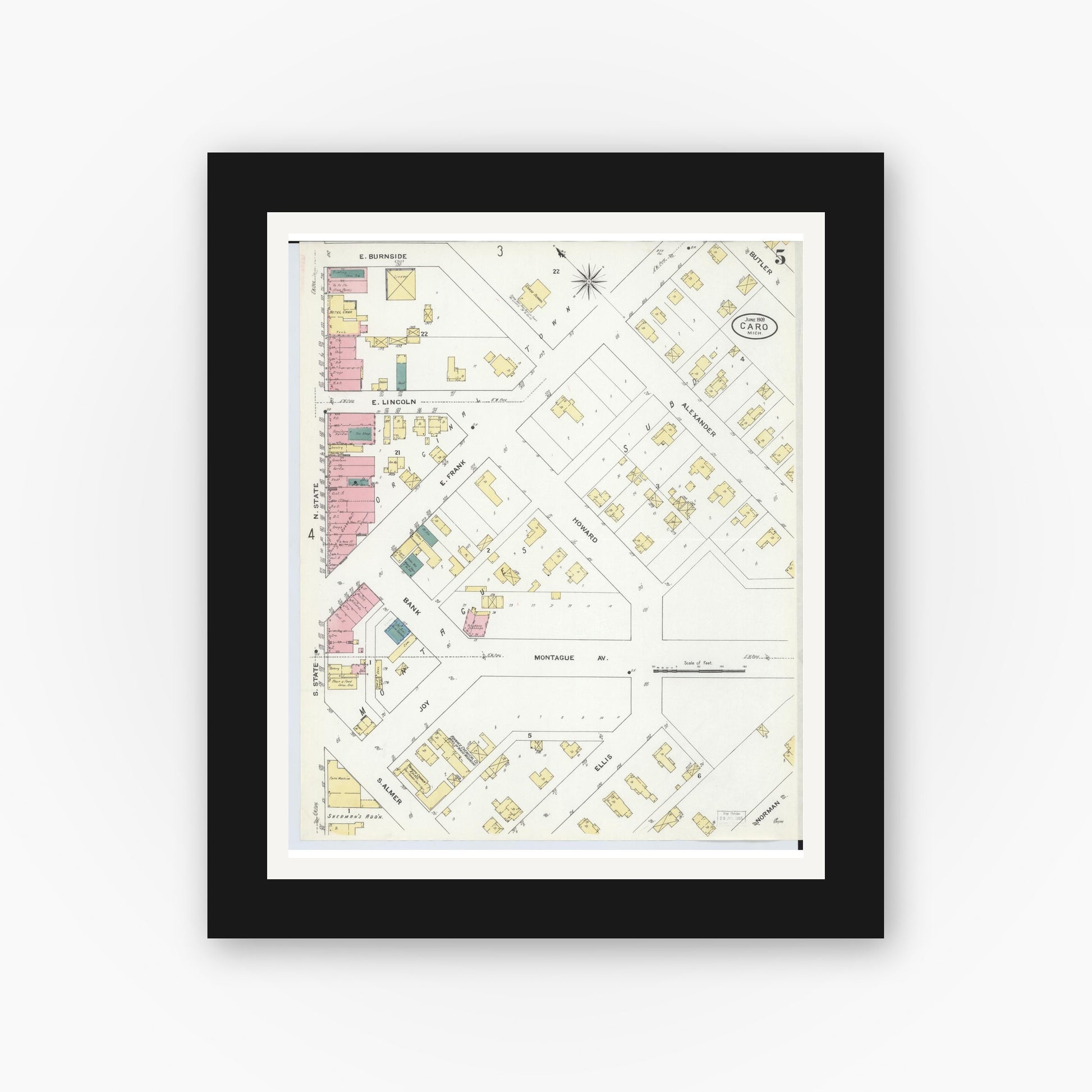 Old map wall art mockup — black gallery frame with white mat — Sanborn Fire Insurance Map from Caro, Tuscola County, Michigan (1909), Sheet #0005