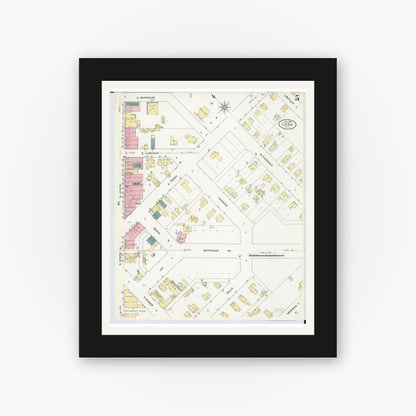 Old map wall art mockup — black gallery frame with white mat — Sanborn Fire Insurance Map from Caro, Tuscola County, Michigan (1909), Sheet #0005