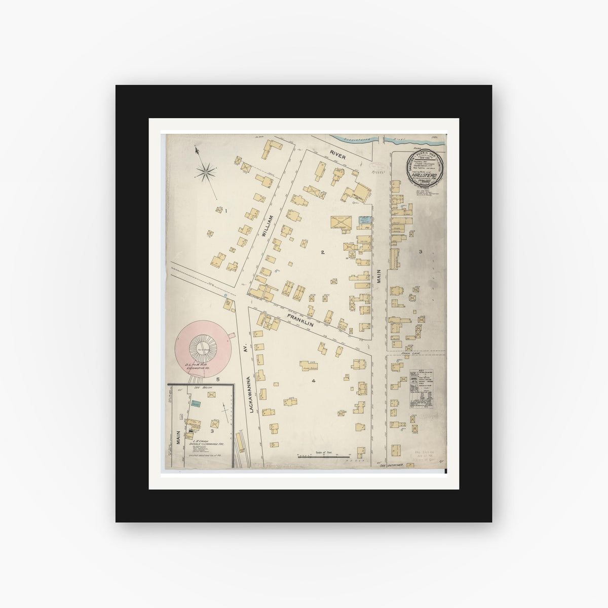Old map wall art mockup — black gallery frame with white mat — Sanborn Fire Insurance Map from Hallstead, Susquehanna County, Pennsylvania (1892), Sheet #0001