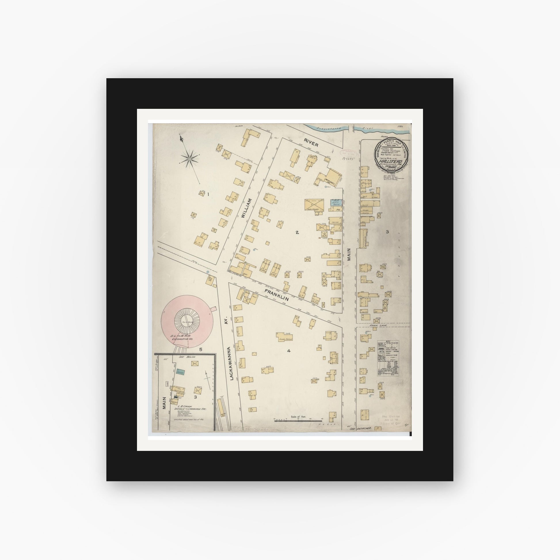 Old map wall art mockup — black gallery frame with white mat — Sanborn Fire Insurance Map from Hallstead, Susquehanna County, Pennsylvania (1892), Sheet #0001