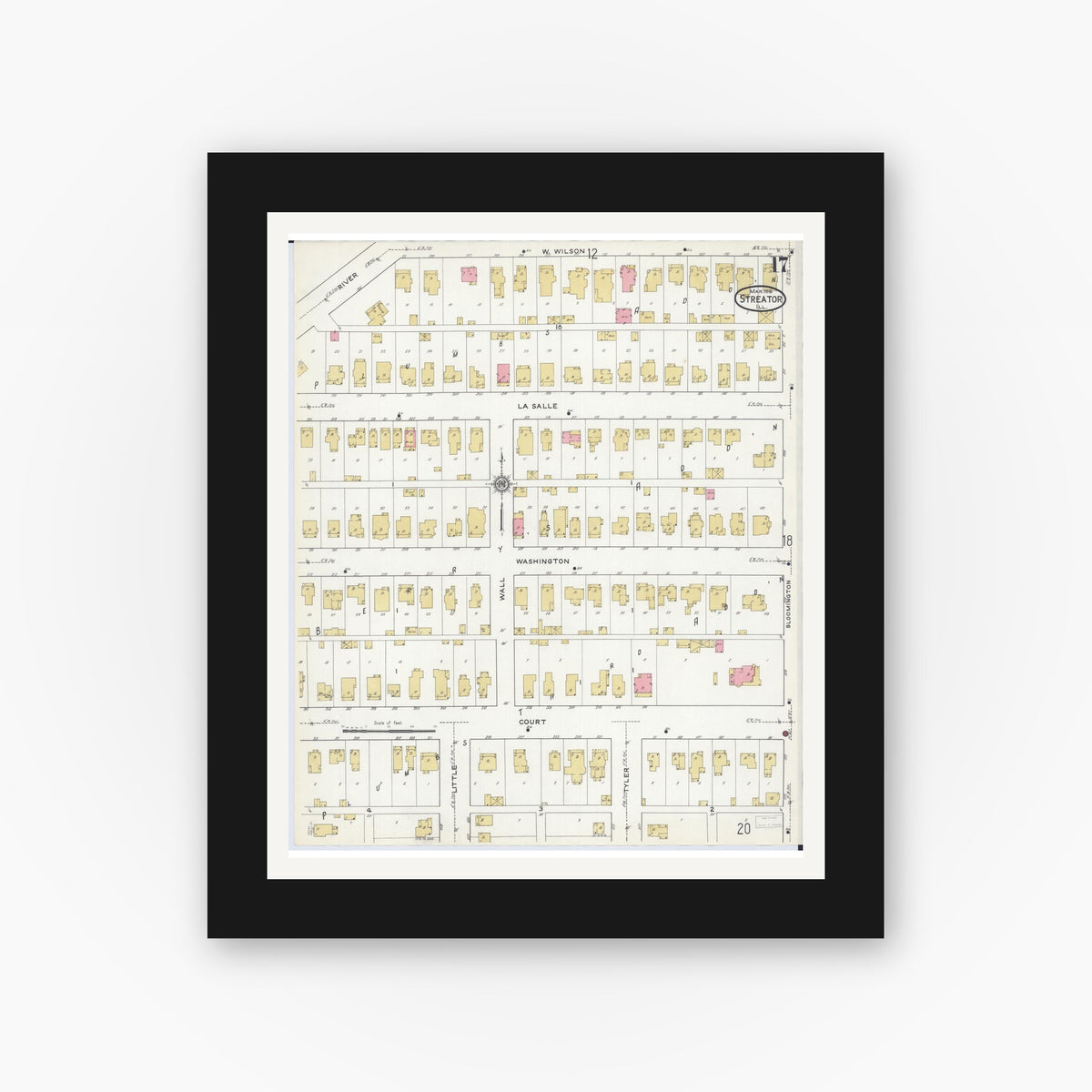 Old map wall art mockup — black gallery frame with white mat — Sanborn Fire Insurance Map from Streator, La Salle County, Illinois (1916), Sheet #0017