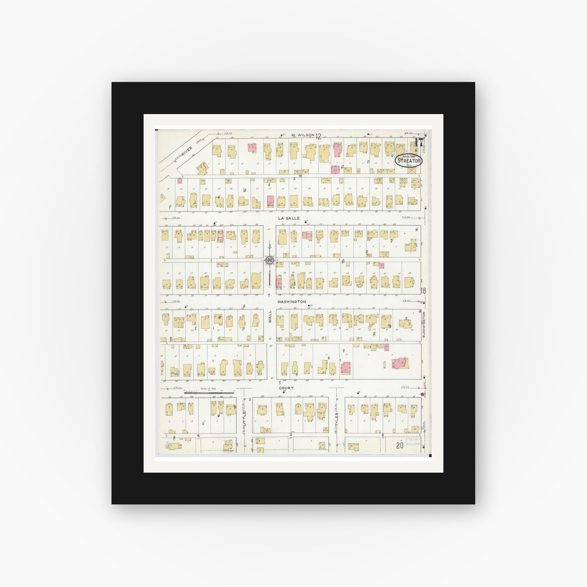 Old map wall art mockup — black gallery frame with white mat — Sanborn Fire Insurance Map from Streator, La Salle County, Illinois (1916), Sheet #0017